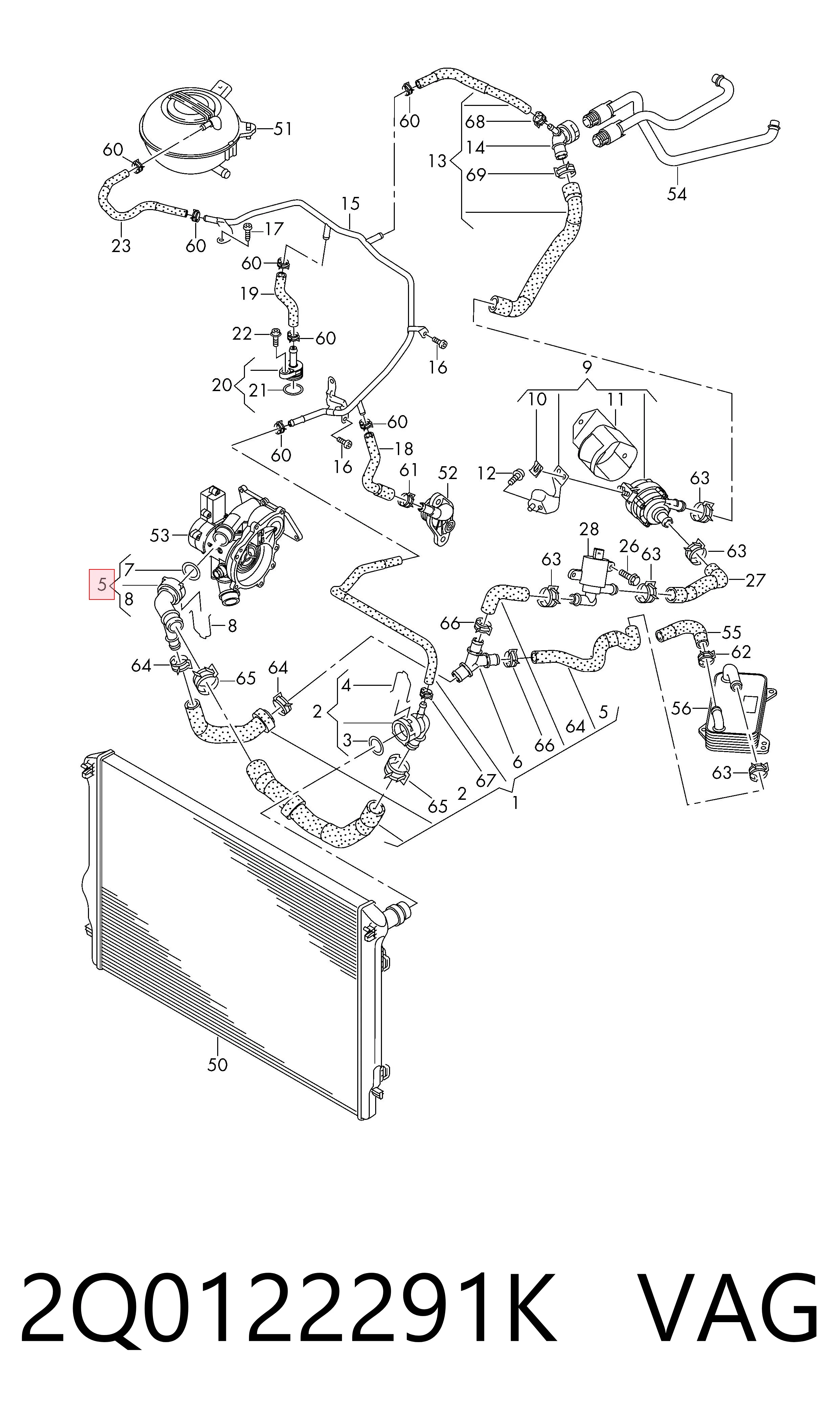 2Q0122291K VAG Brida del sistema de refrigeración (triple unión)