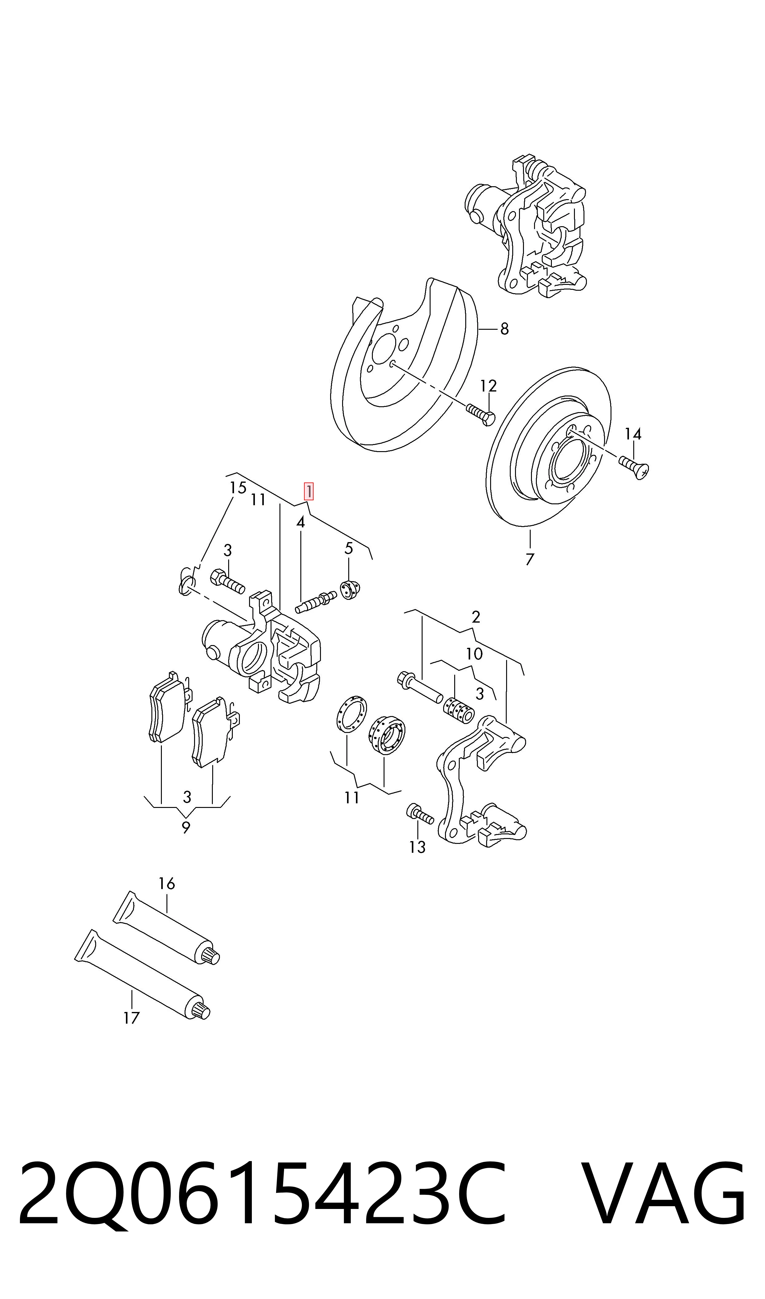 2Q0615423C VAG Pinza de freno trasera izquierda