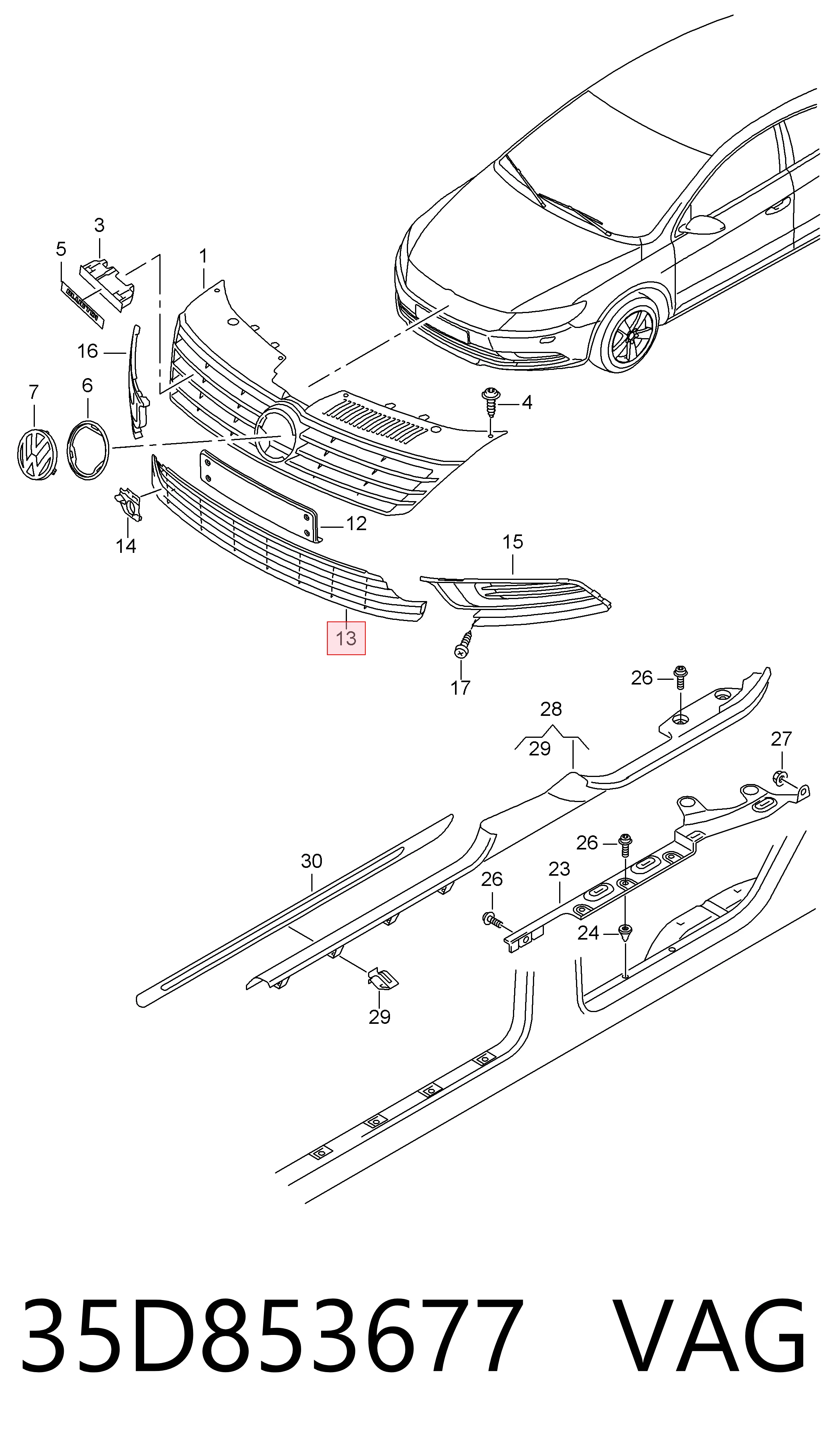 Rejilla del parachoques delantero 35D853677 VAG