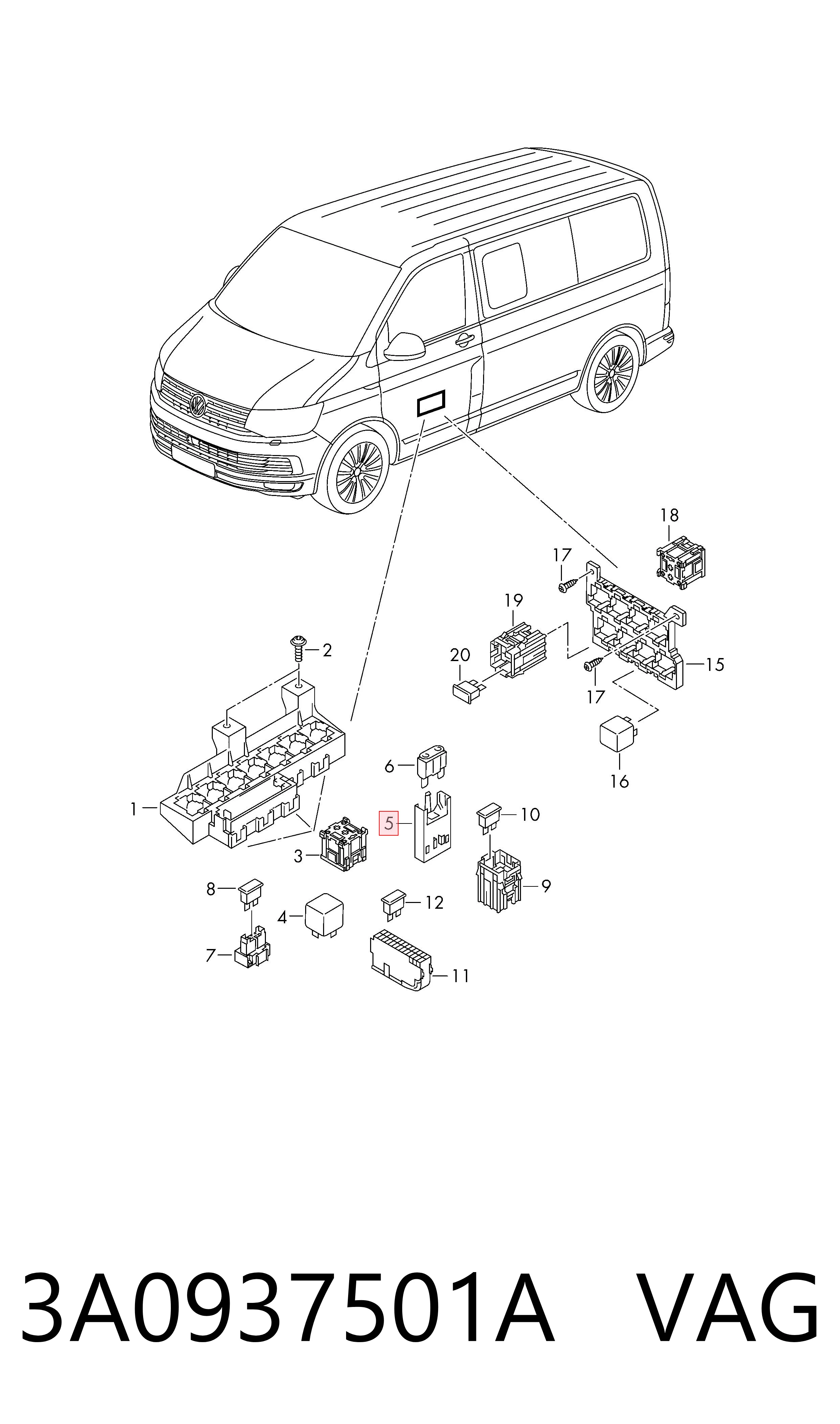 3A0937501A VAG Caja de fusibles trasera interior