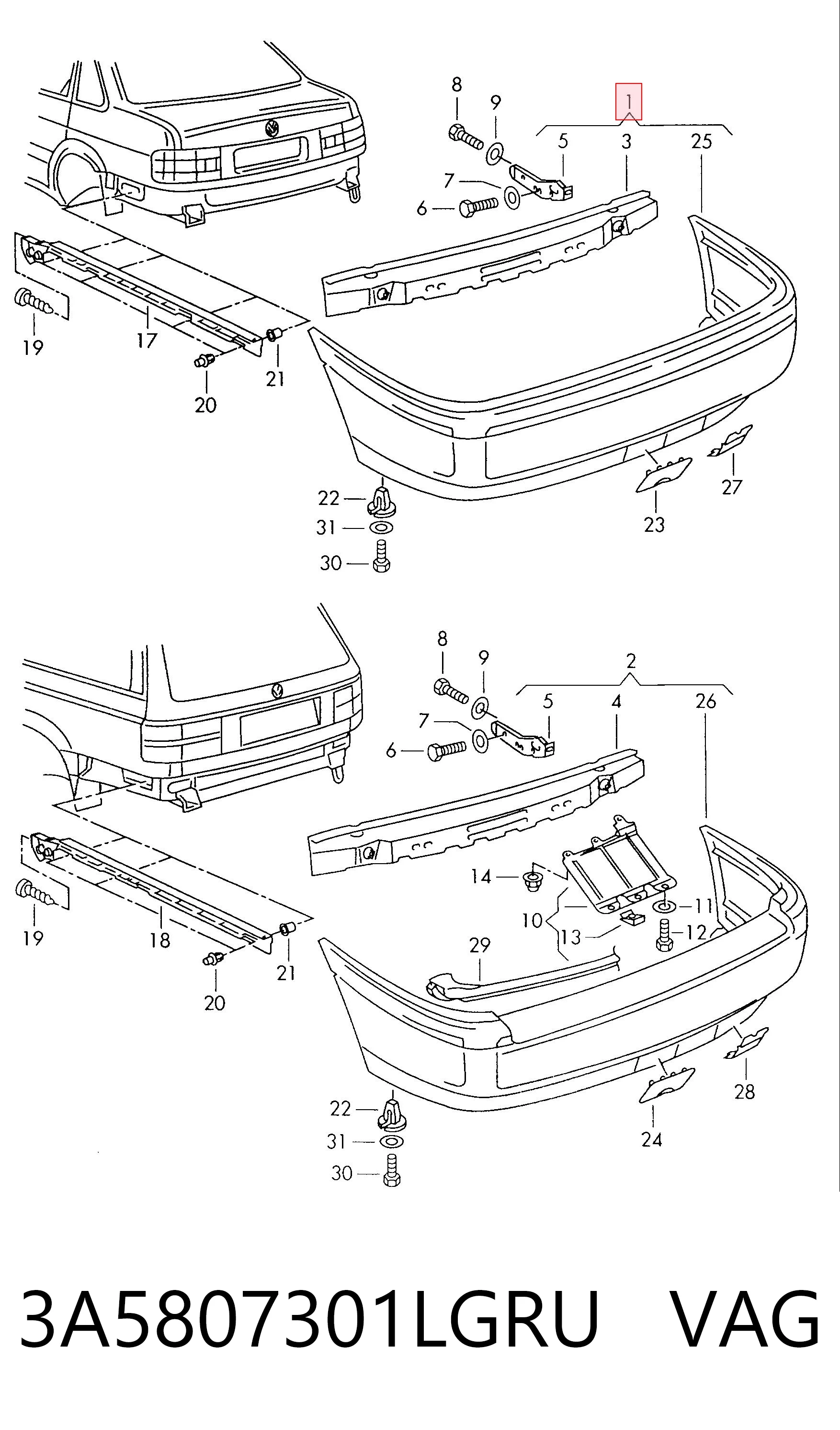 Defensa trasero para Volkswagen Passat B3, B4 3A2, 351, 312