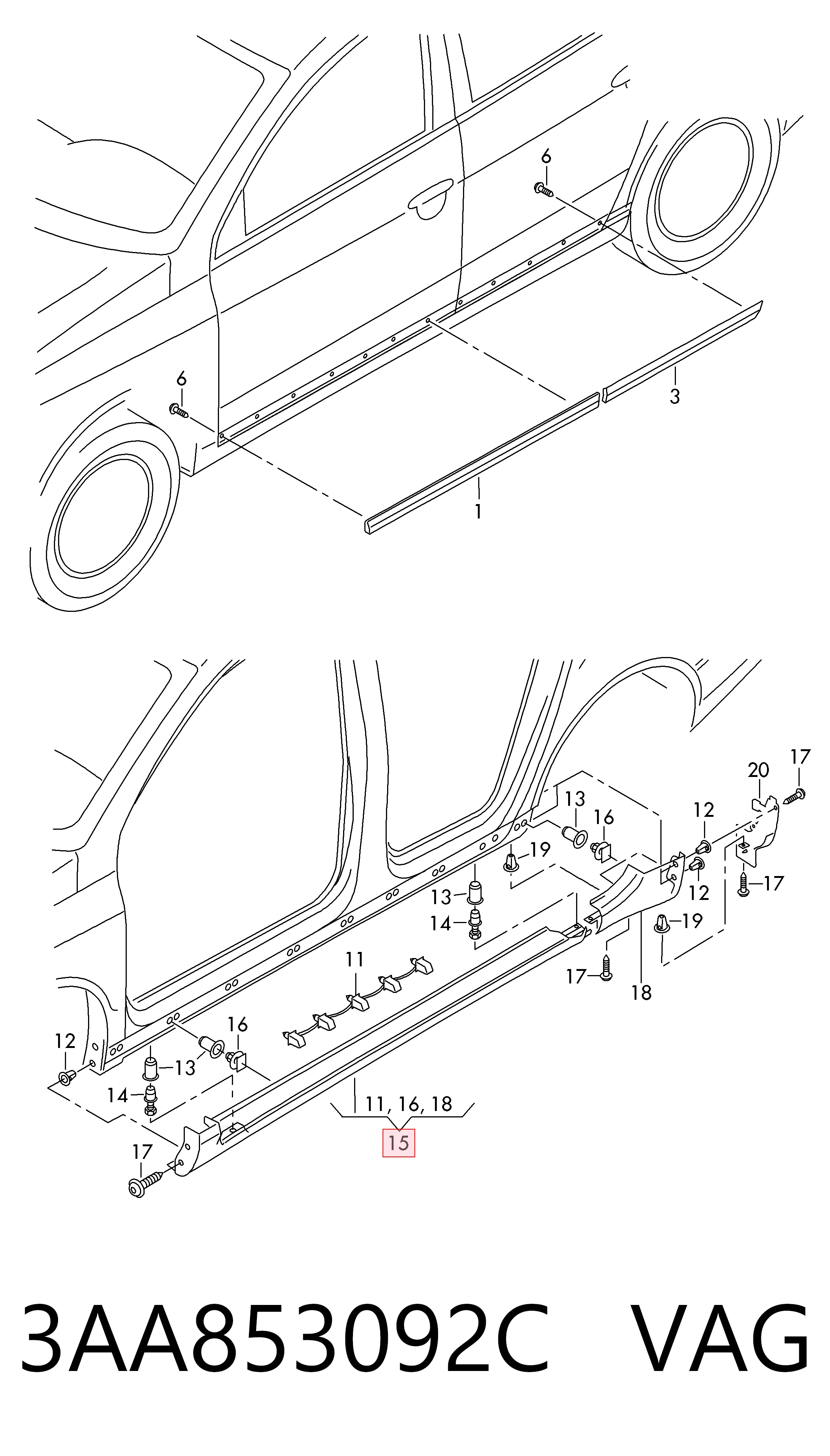 3AA853092C VAG Moldura exterior derecha del umbral