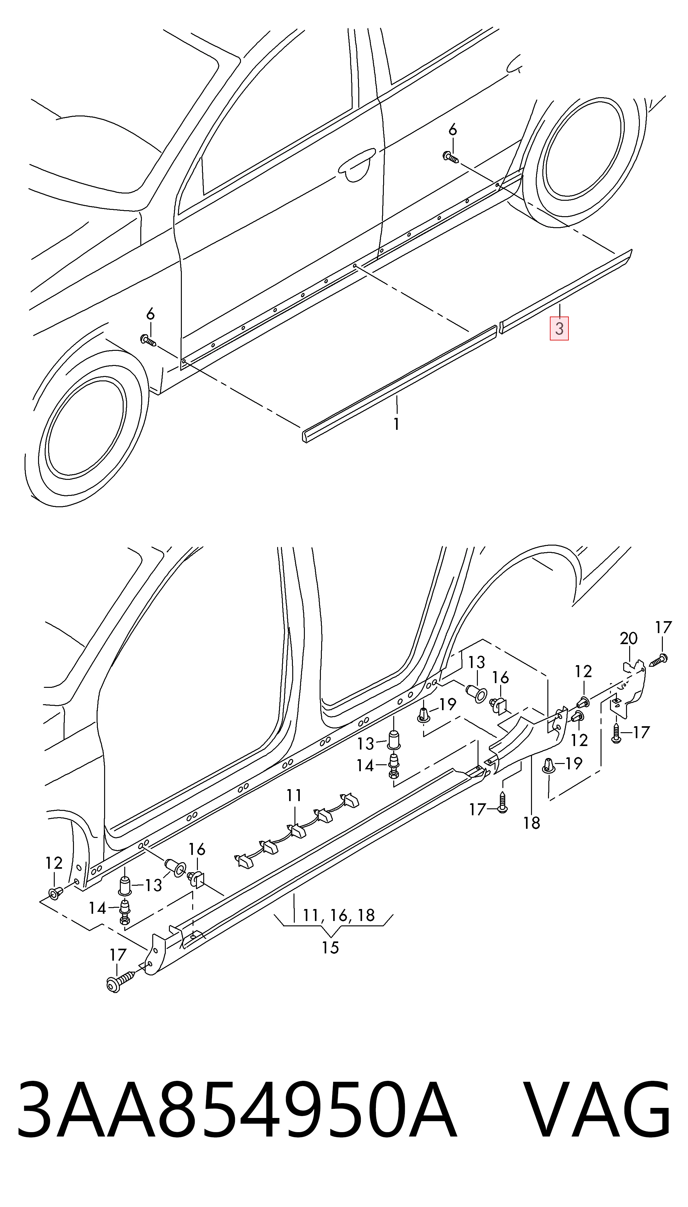 3AA854950A VAG Moldura inferior de puerta trasera derecha