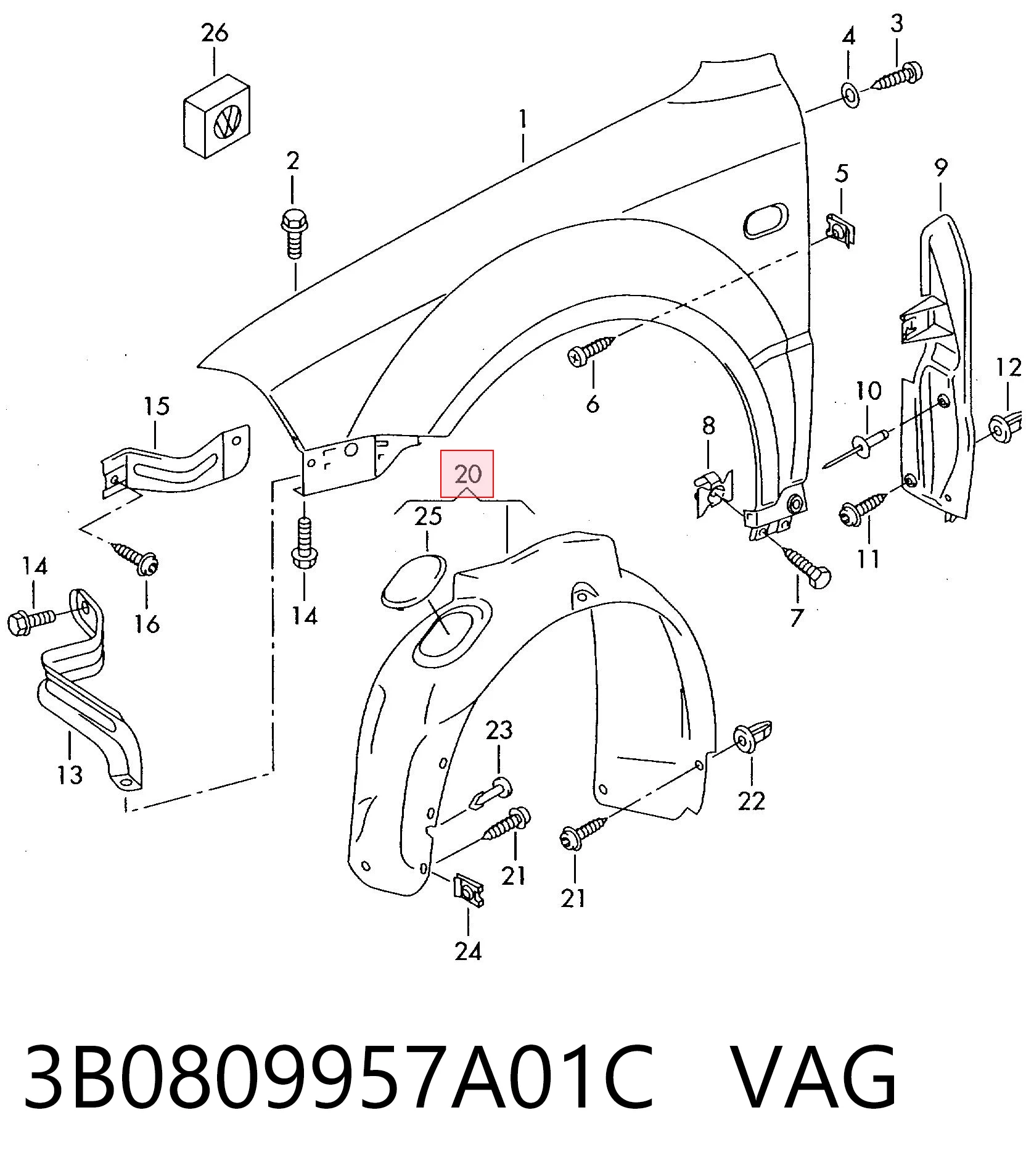 3B0809957A01C VAG Guardalodos interior izquierdo, guardafango delantero