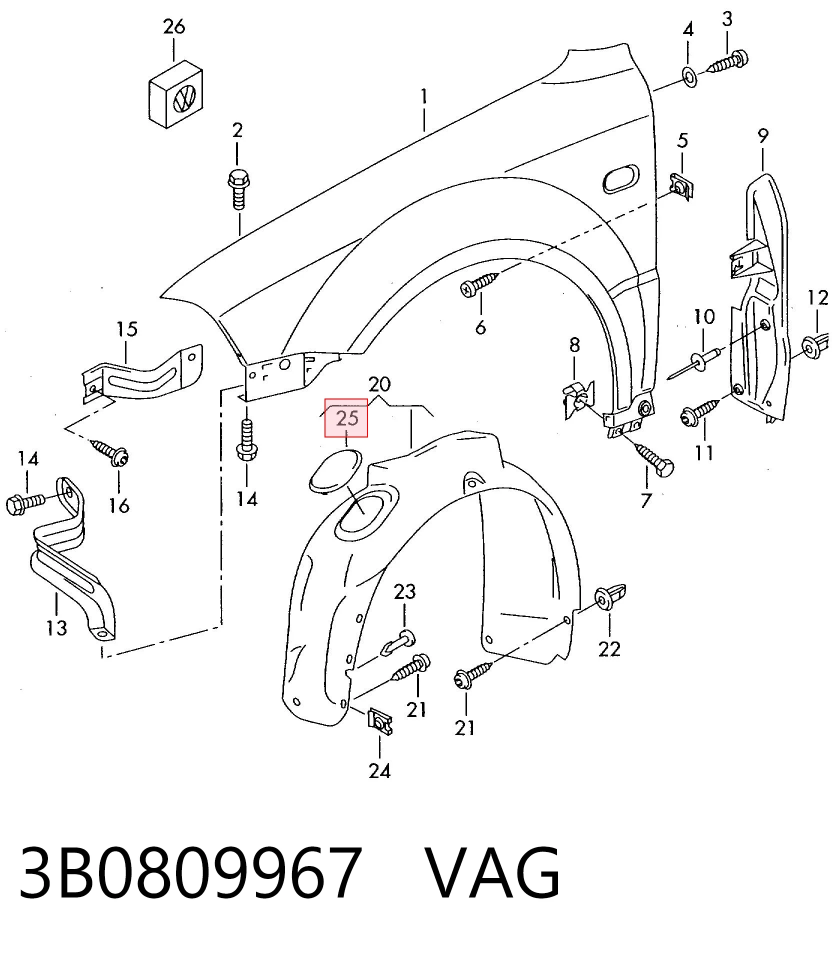3B0809967 VAG Tapa de guardabarros delantero izquierdo