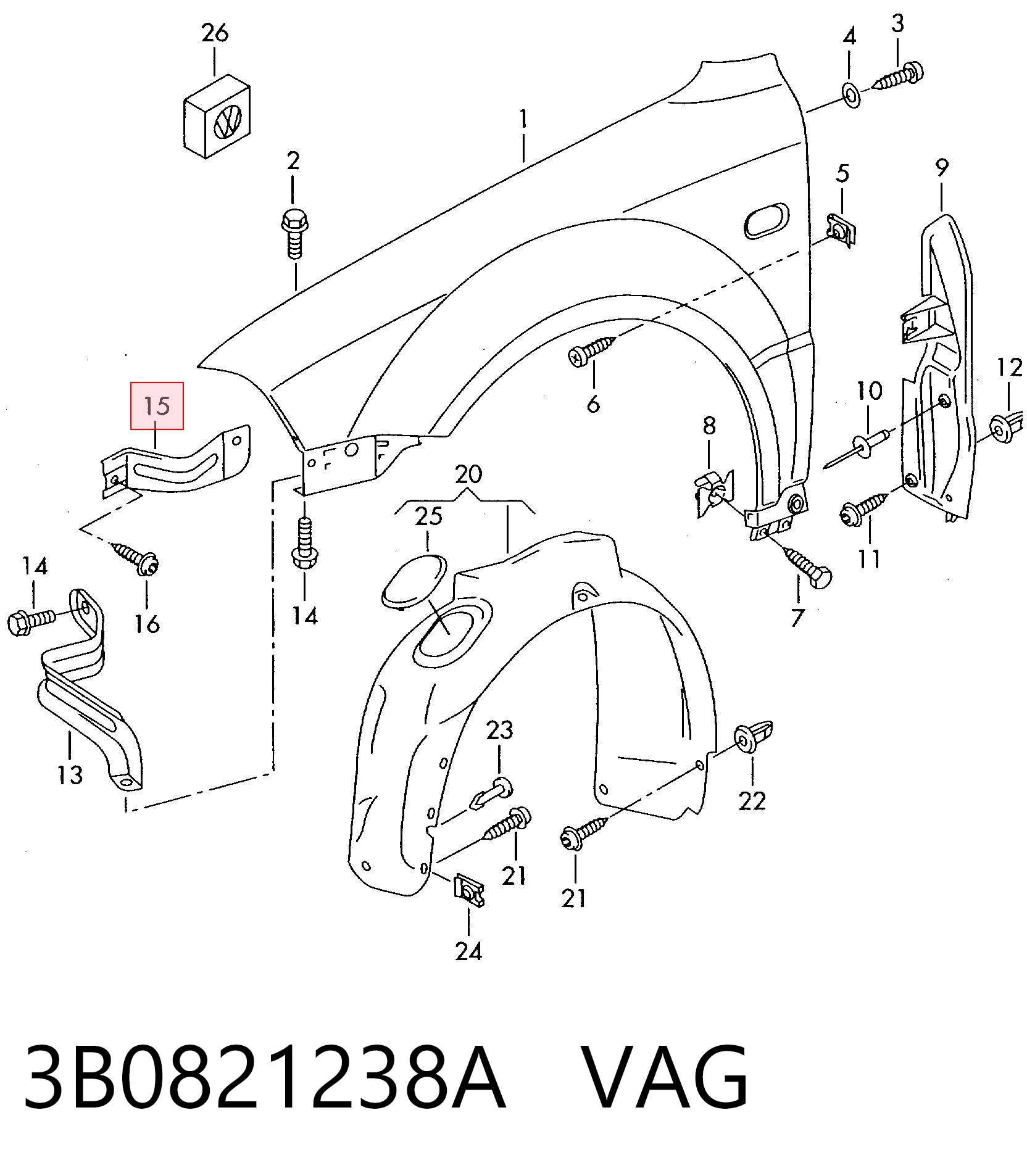3B0821238A VAG Soporte delantero de guardabarros delantero derecho