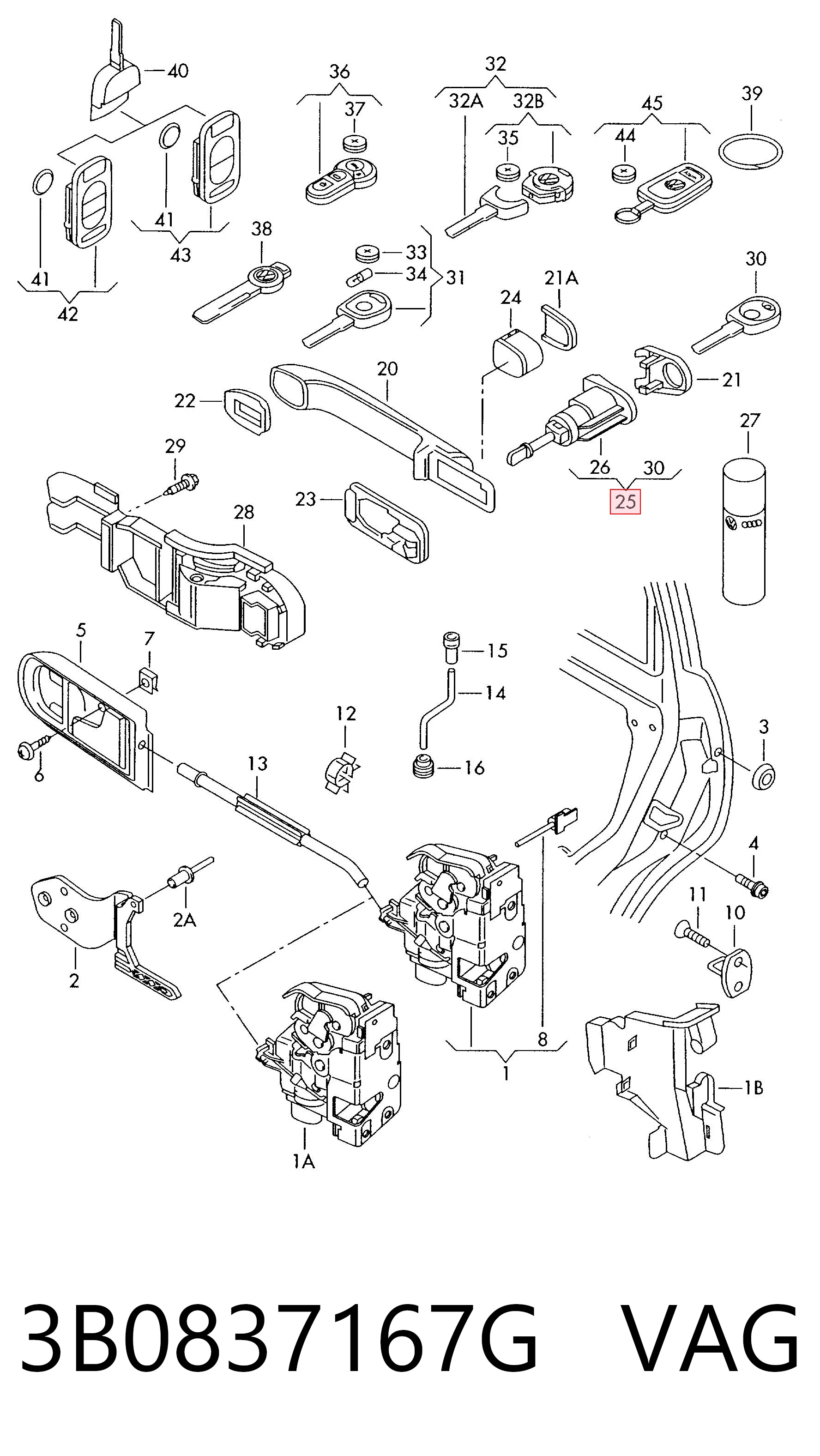 3B0837167G VAG Cilindro de cerradura de puerta delantera izquierda