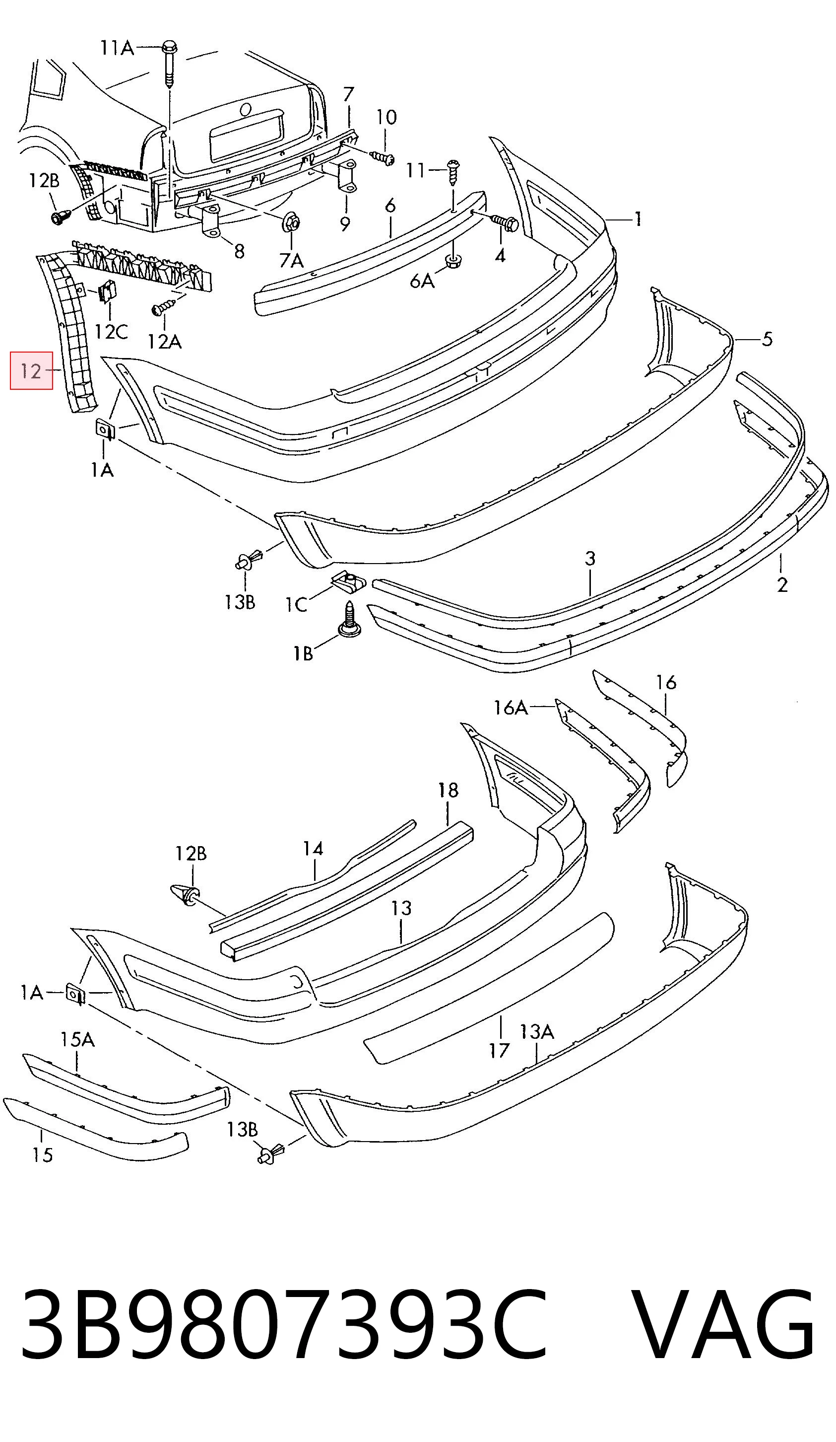 3B9807393C VAG Soporte de paragolpes trasero izquierdo