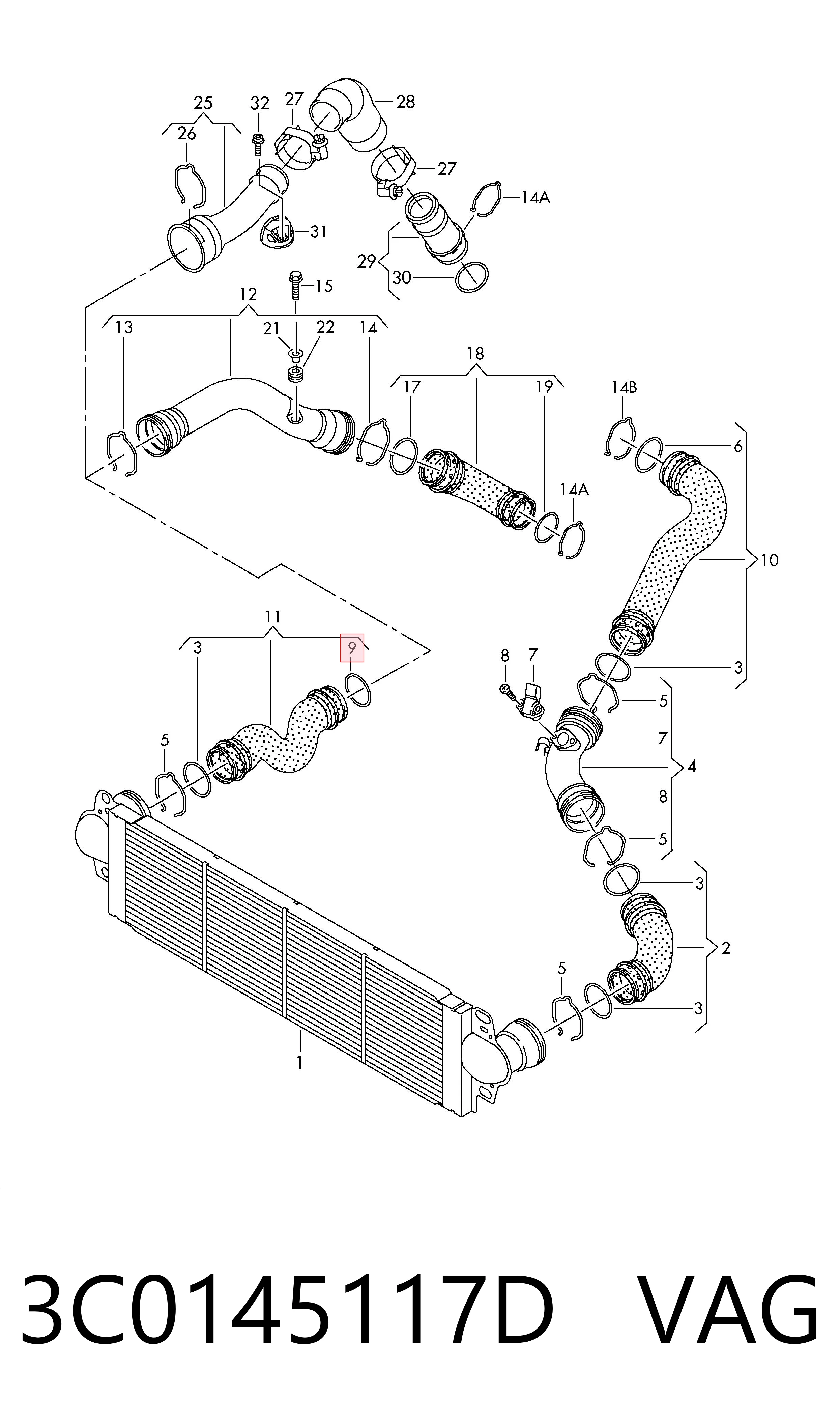 3C0145117D VAG Junta tórica del tubo del intercooler