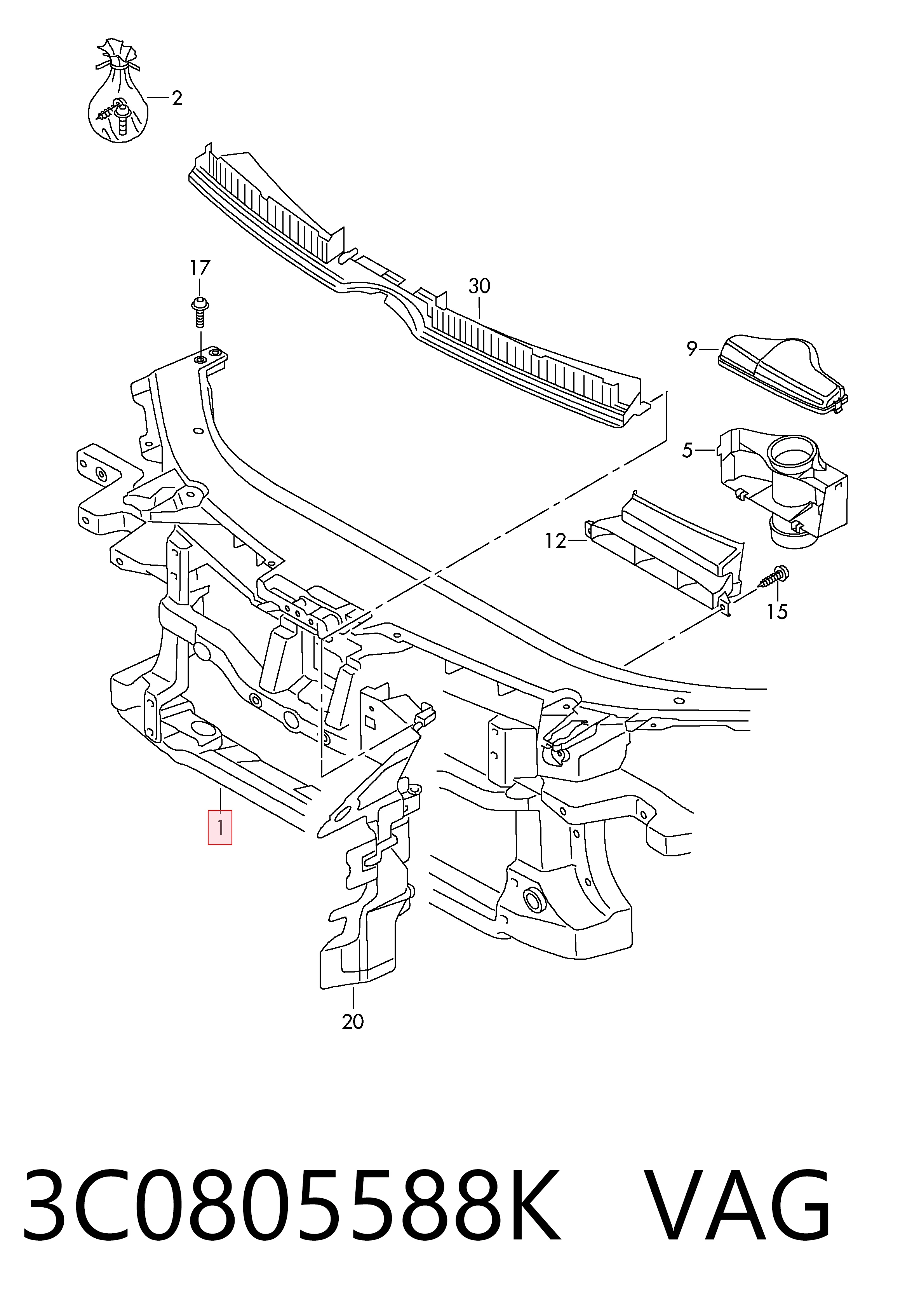 3C0805588K VAG Soporte de radiador completo (panel de montaje para foco)