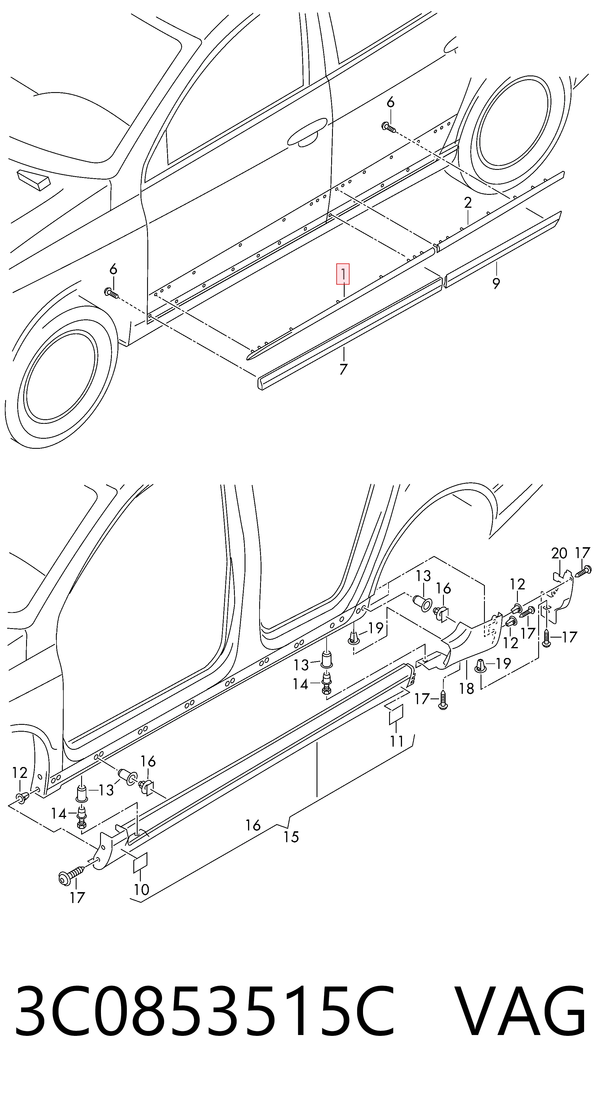 3C0853515C VAG Moldura superior de puerta delantera izquierda