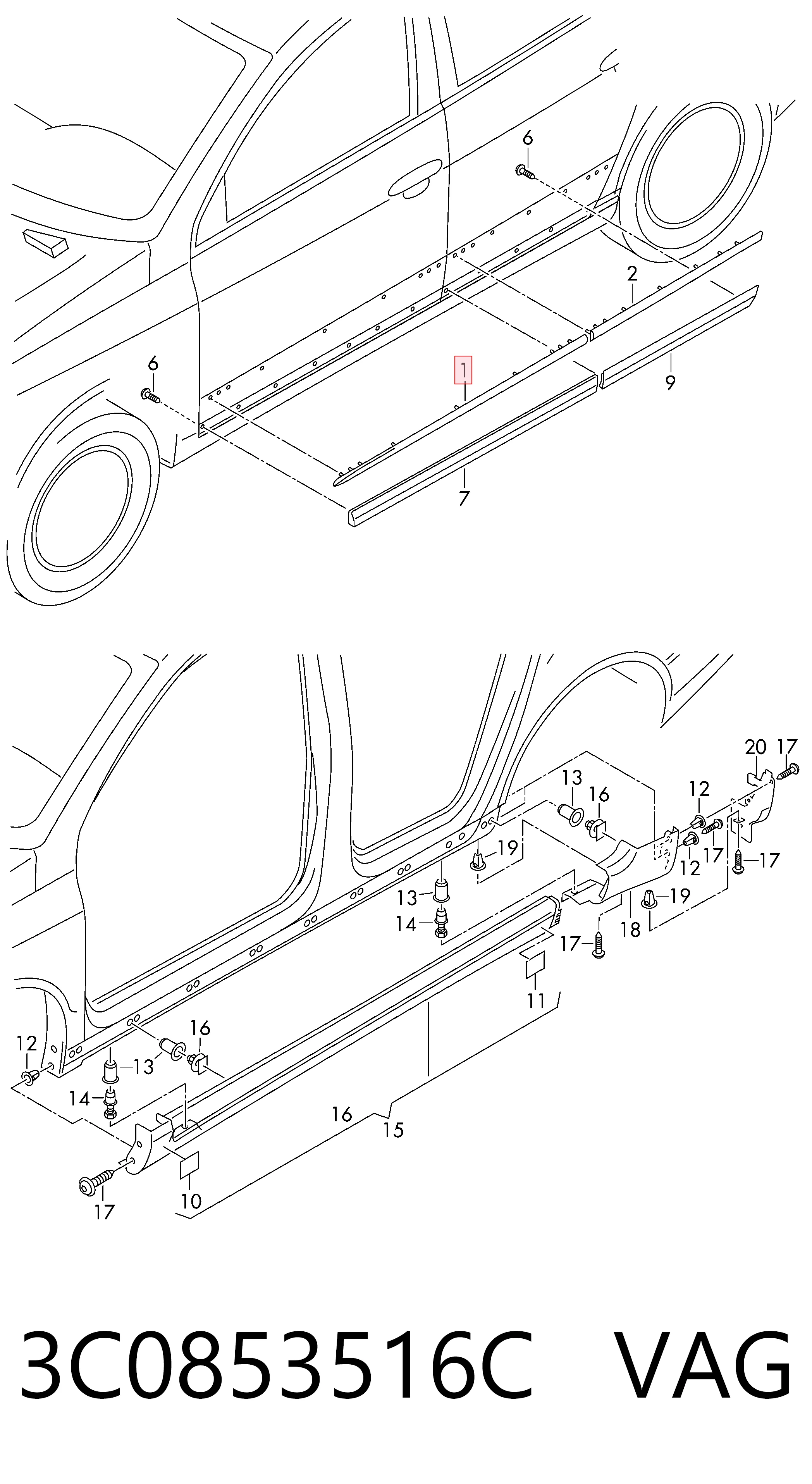 3C0853516C VAG Moldura superior de puerta delantera derecha