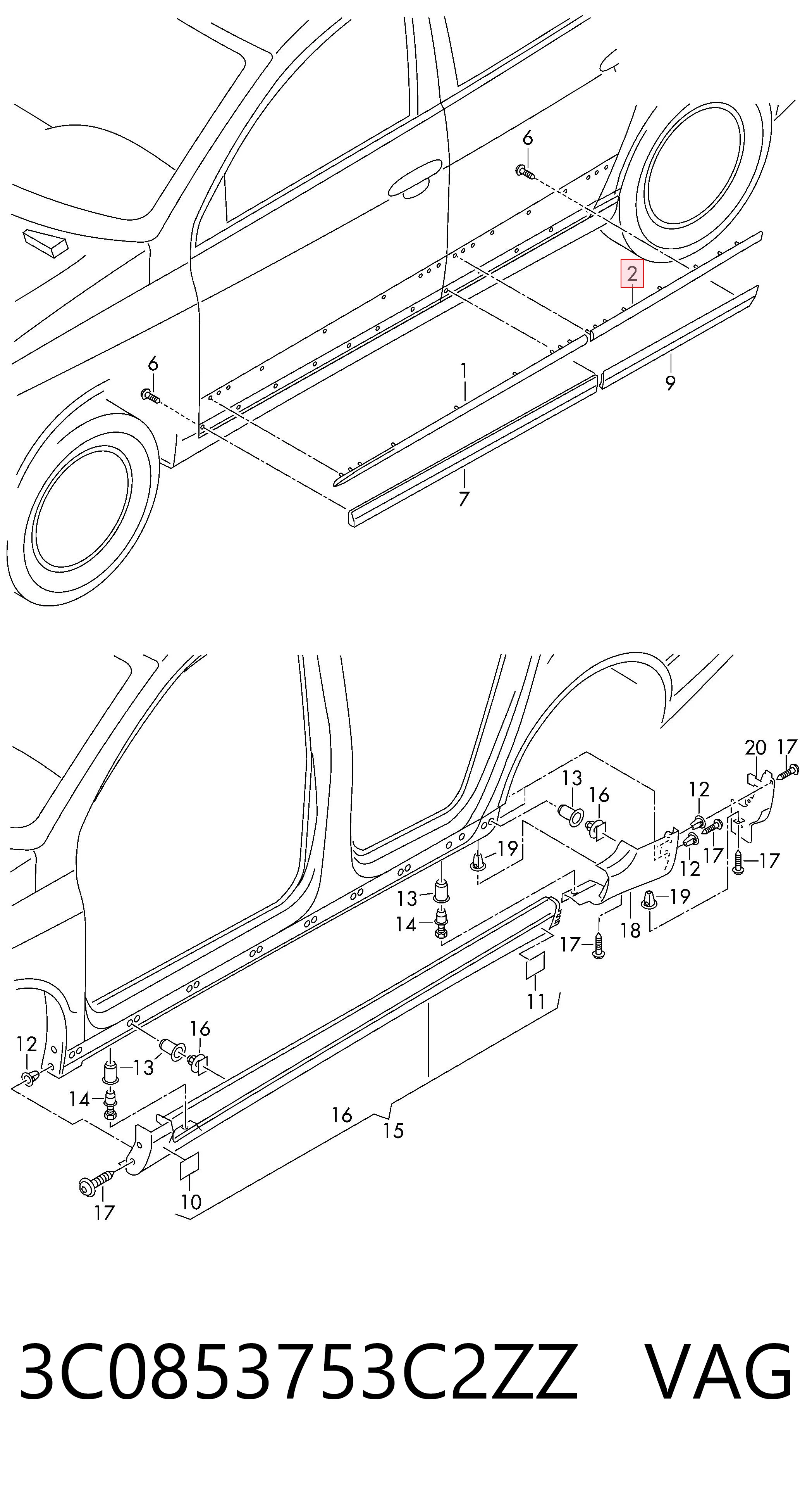 3C0853753C2ZZ VAG Moldura superior de puerta trasera izquierda