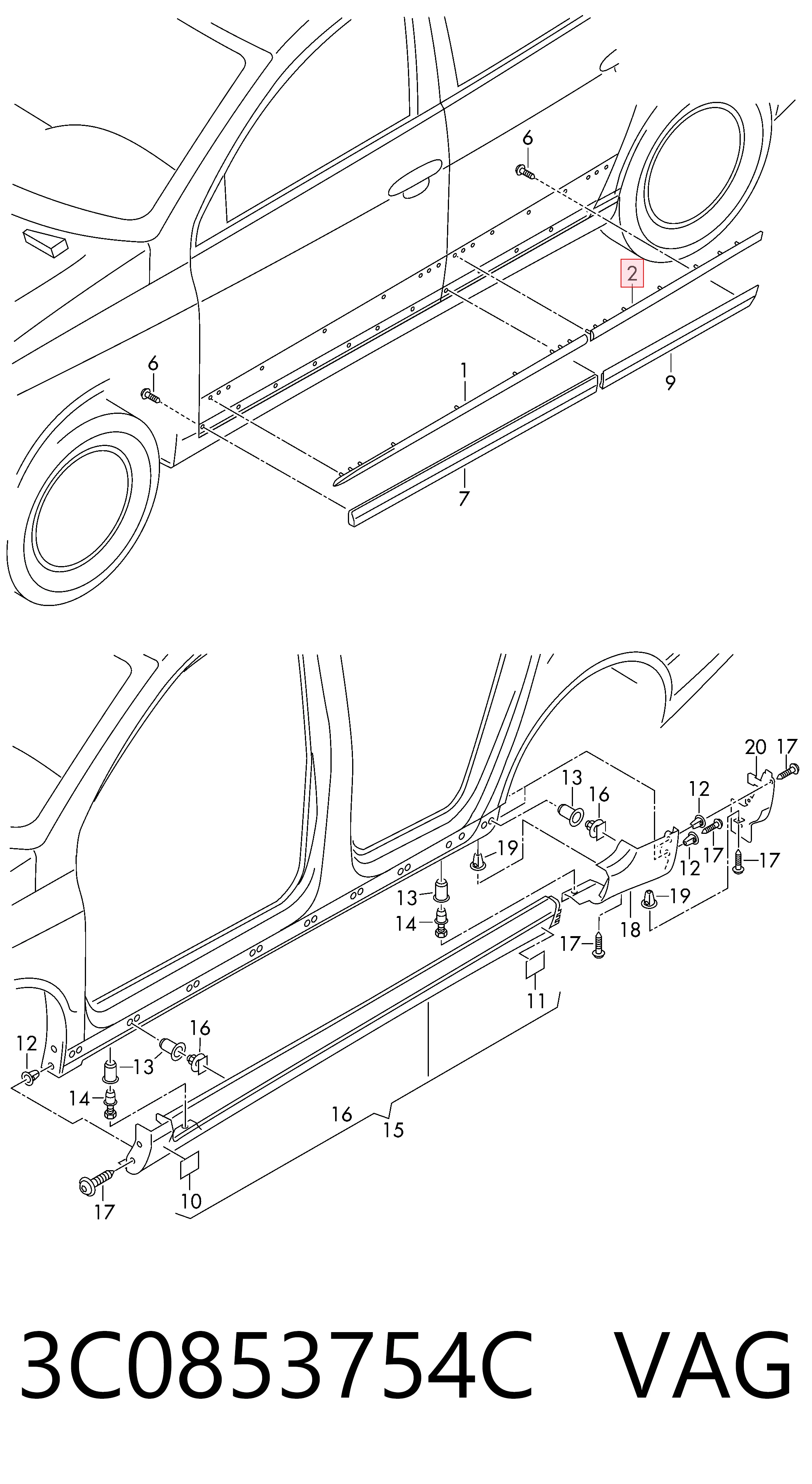 3C0853754C VAG Moldura superior de puerta trasera derecha