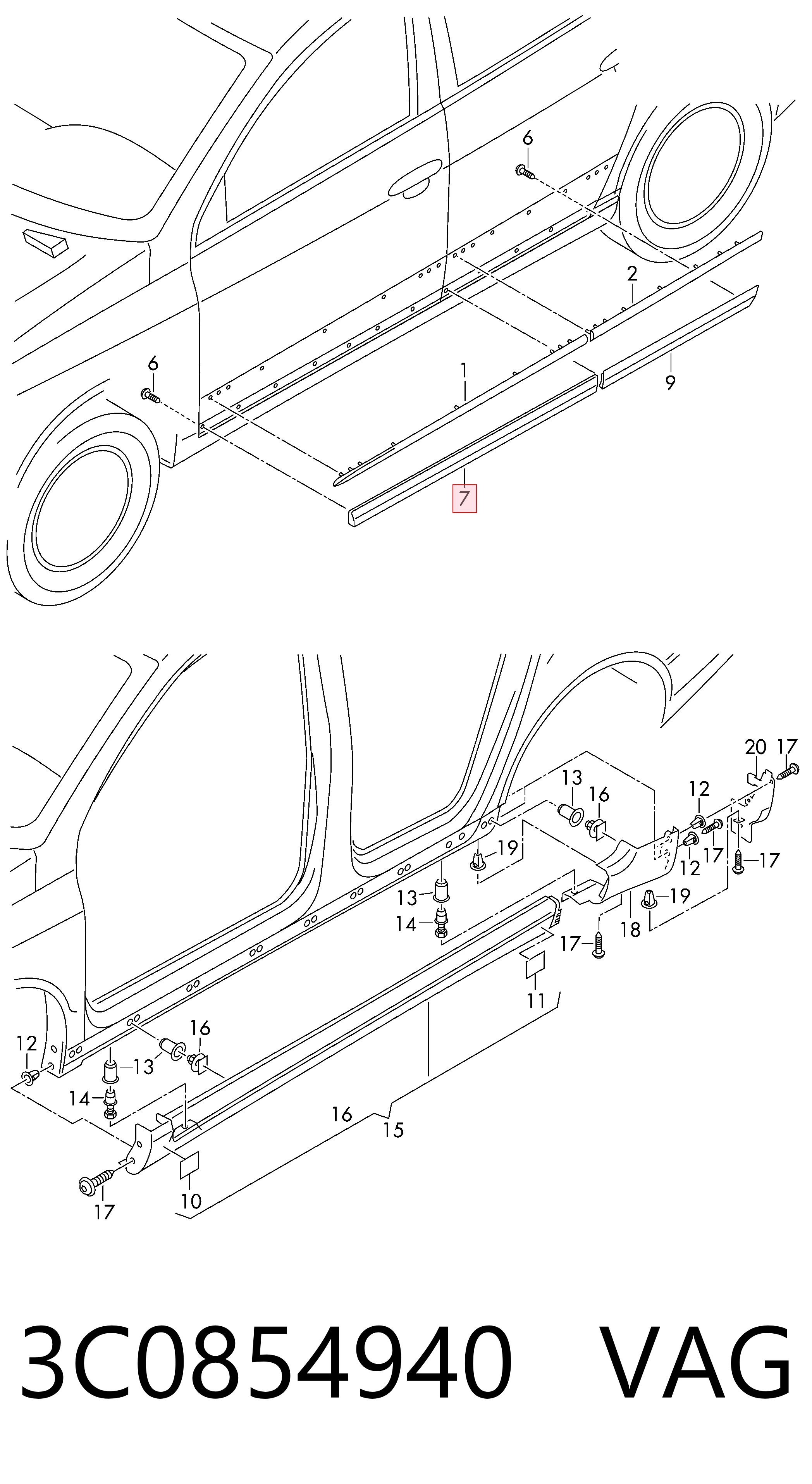 3C0854940 VAG Moldura de la puerta delantera derecha
