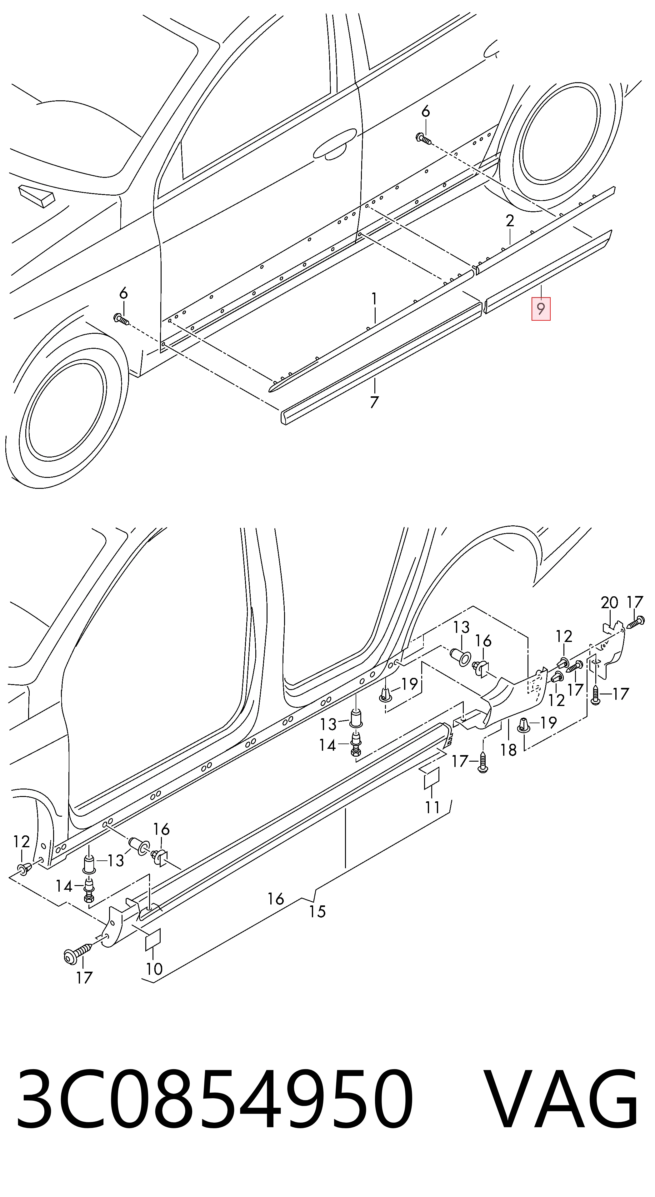 3C0854950 VAG Embellecedor de puerta trasera derecha