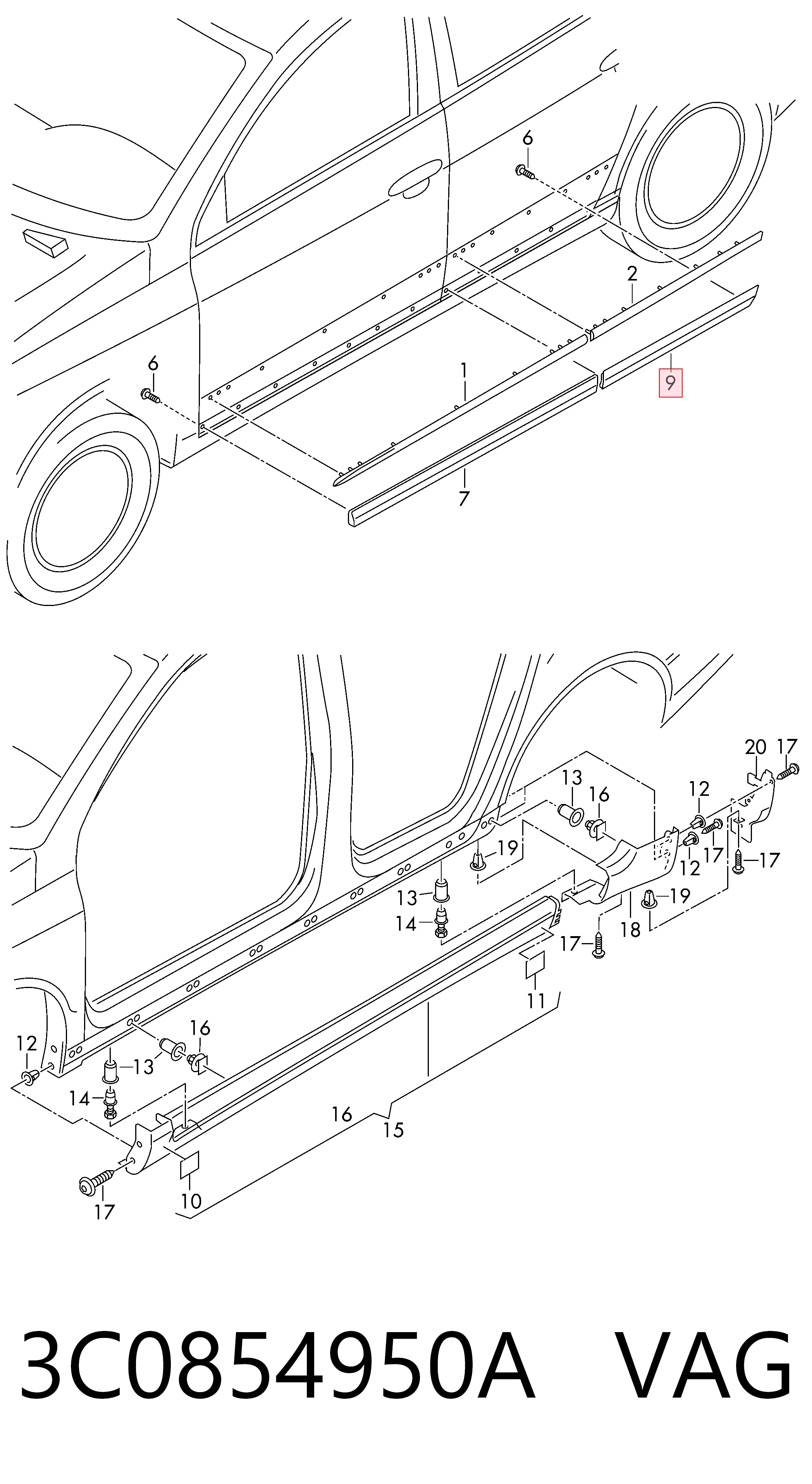 3C0854950A VAG Embellecedor de puerta trasera derecha