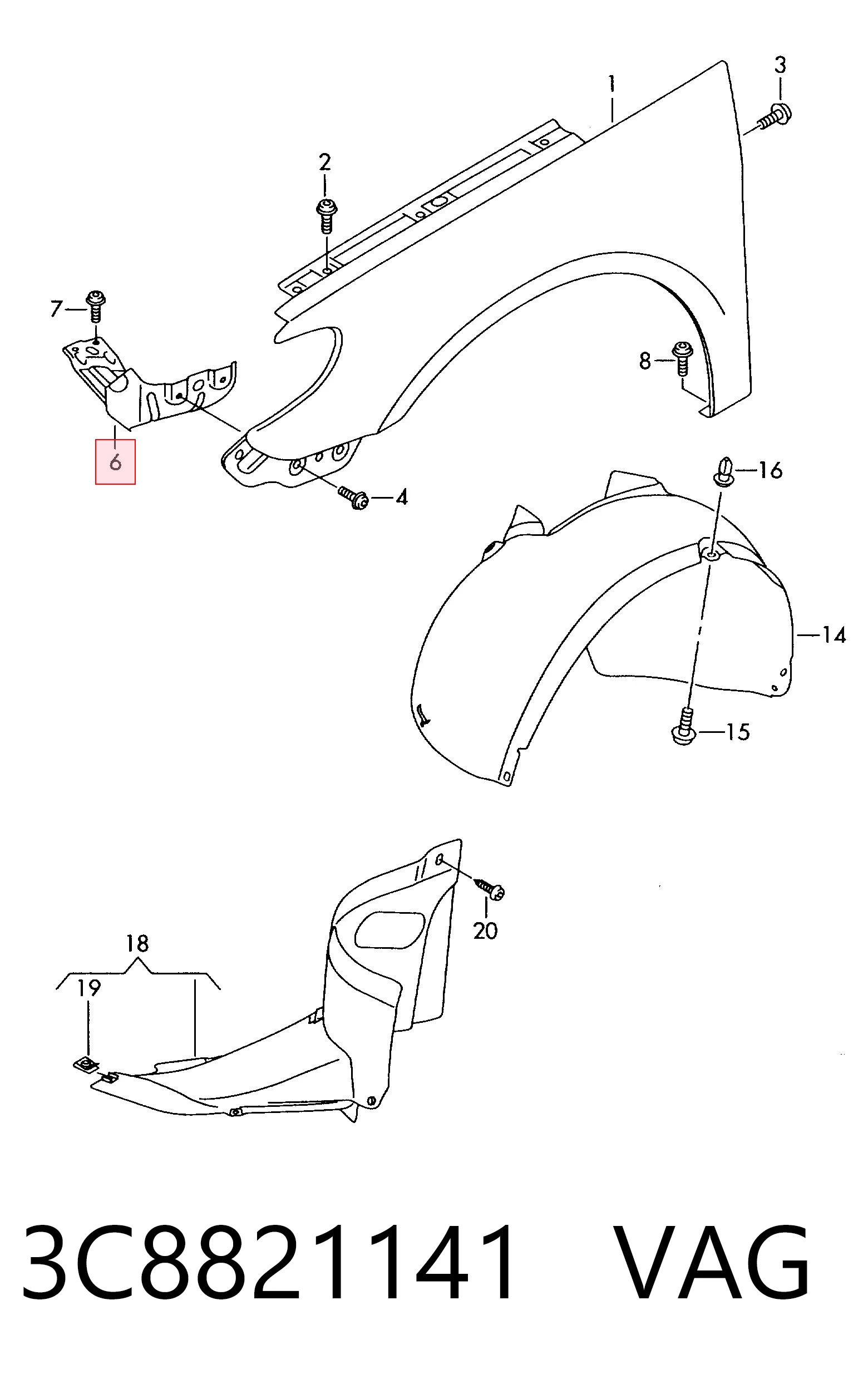 3C8821141 VAG Soporte delantero izquierdo para aleta delantera