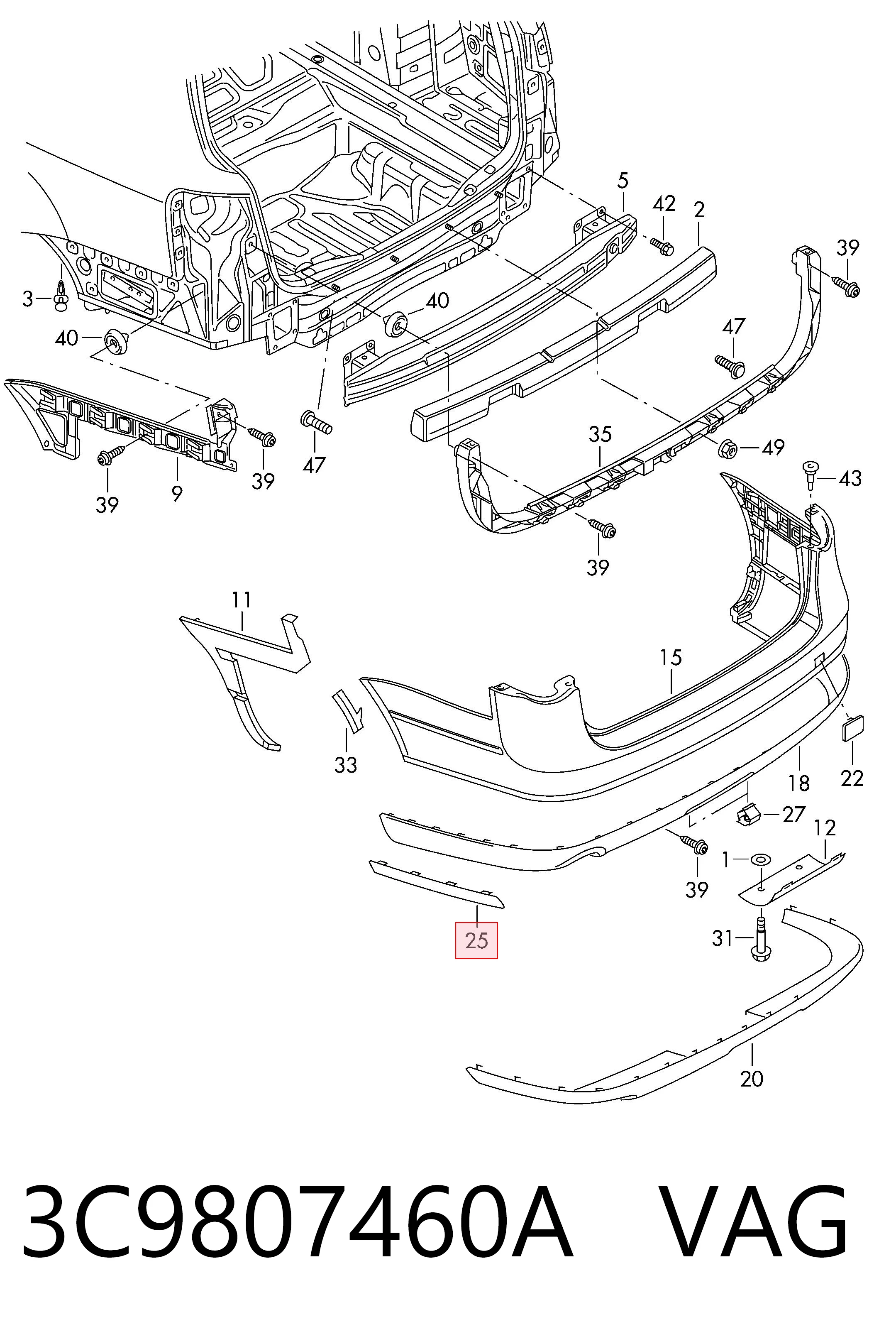 Moldura de parachoques trasero derecho 3C9807460A VAG