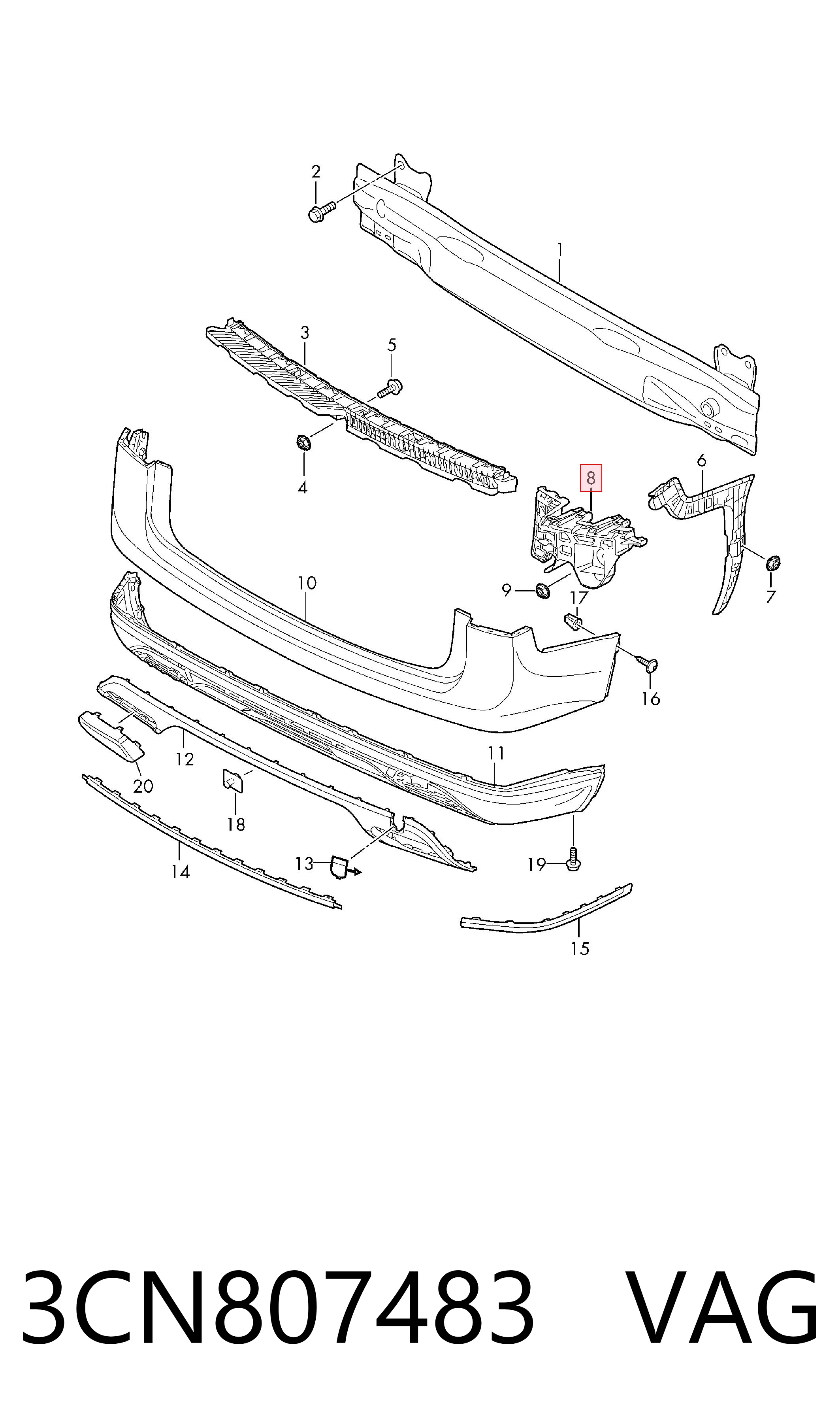 3CN807483 VAG Soporte de parachoques trasero izquierdo