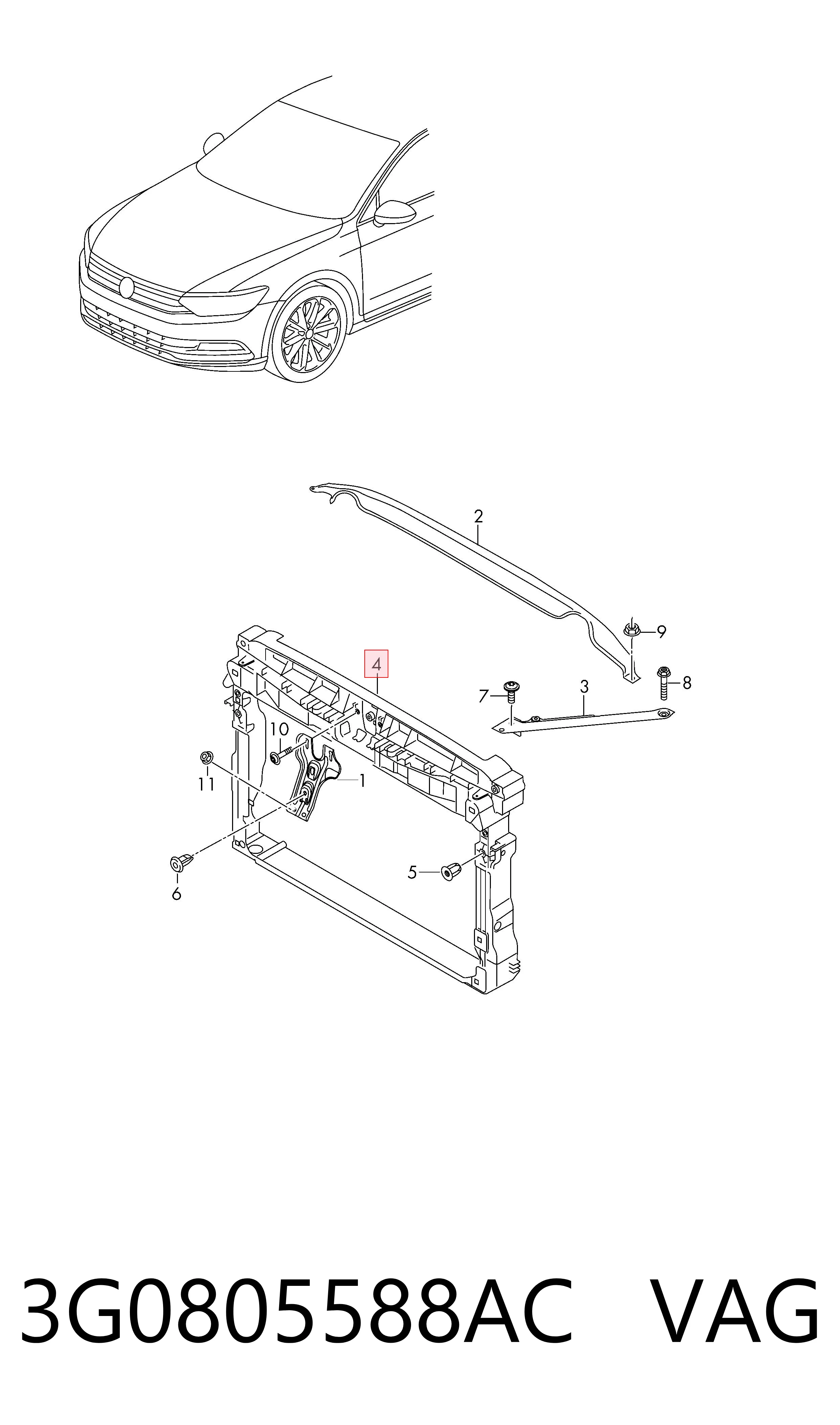 3G0805588AC VAG Soporte de radiador completo (panel de montaje para foco)