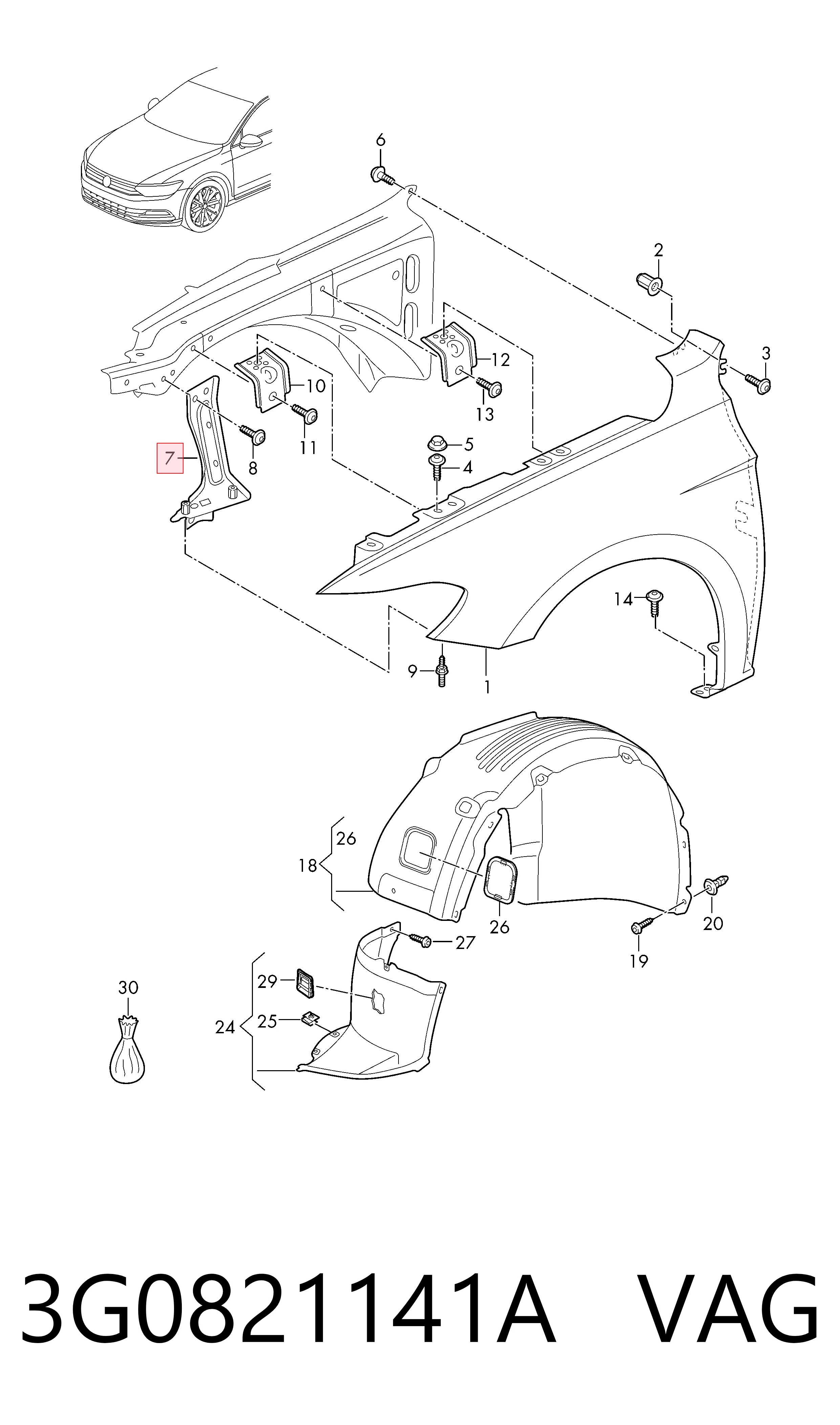 3G0821141A VAG Soporte delantero izquierdo para aleta delantera