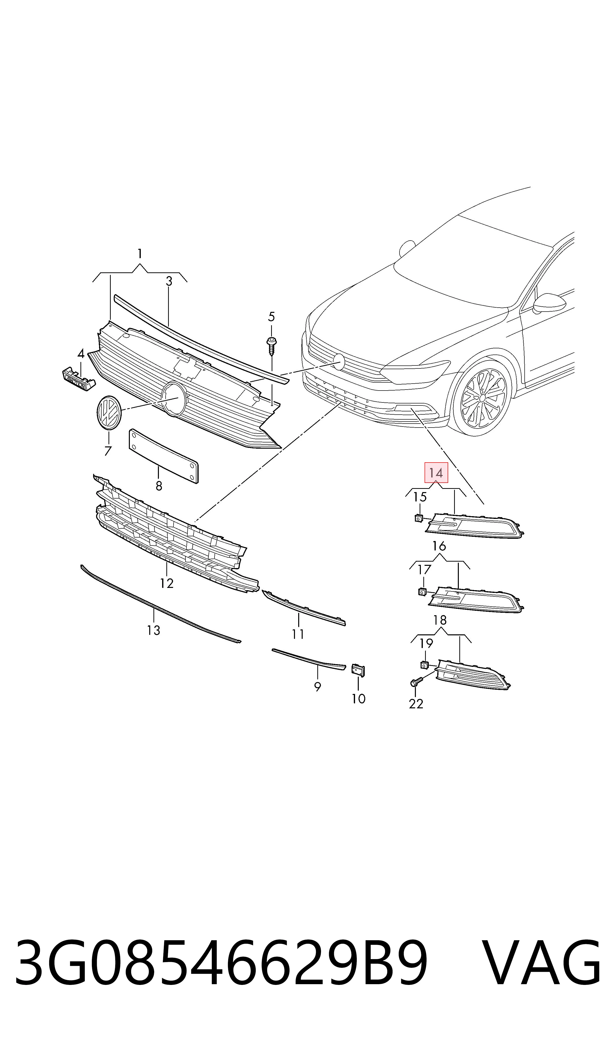 3G08546629B9 VAG Tapa de rejilla de faro antiniebla delantero derecho