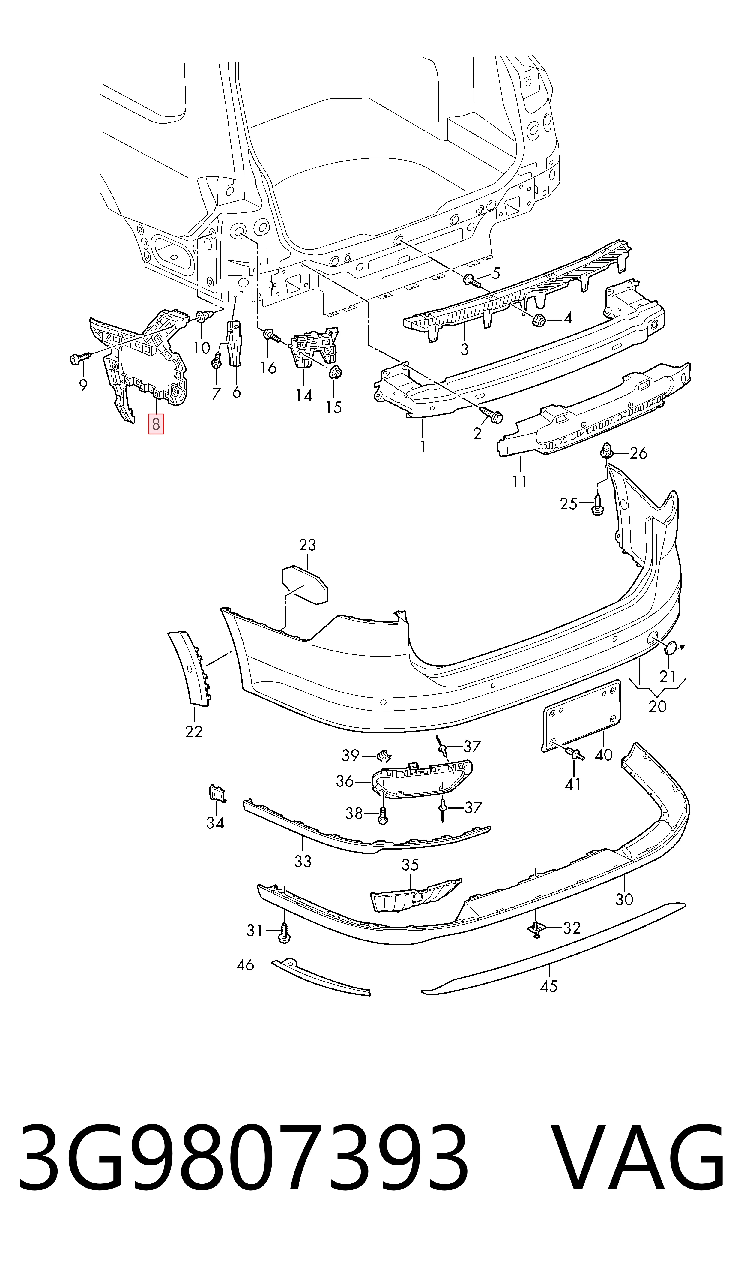 3G9807393 VAG Soporte de paragolpes trasero izquierdo