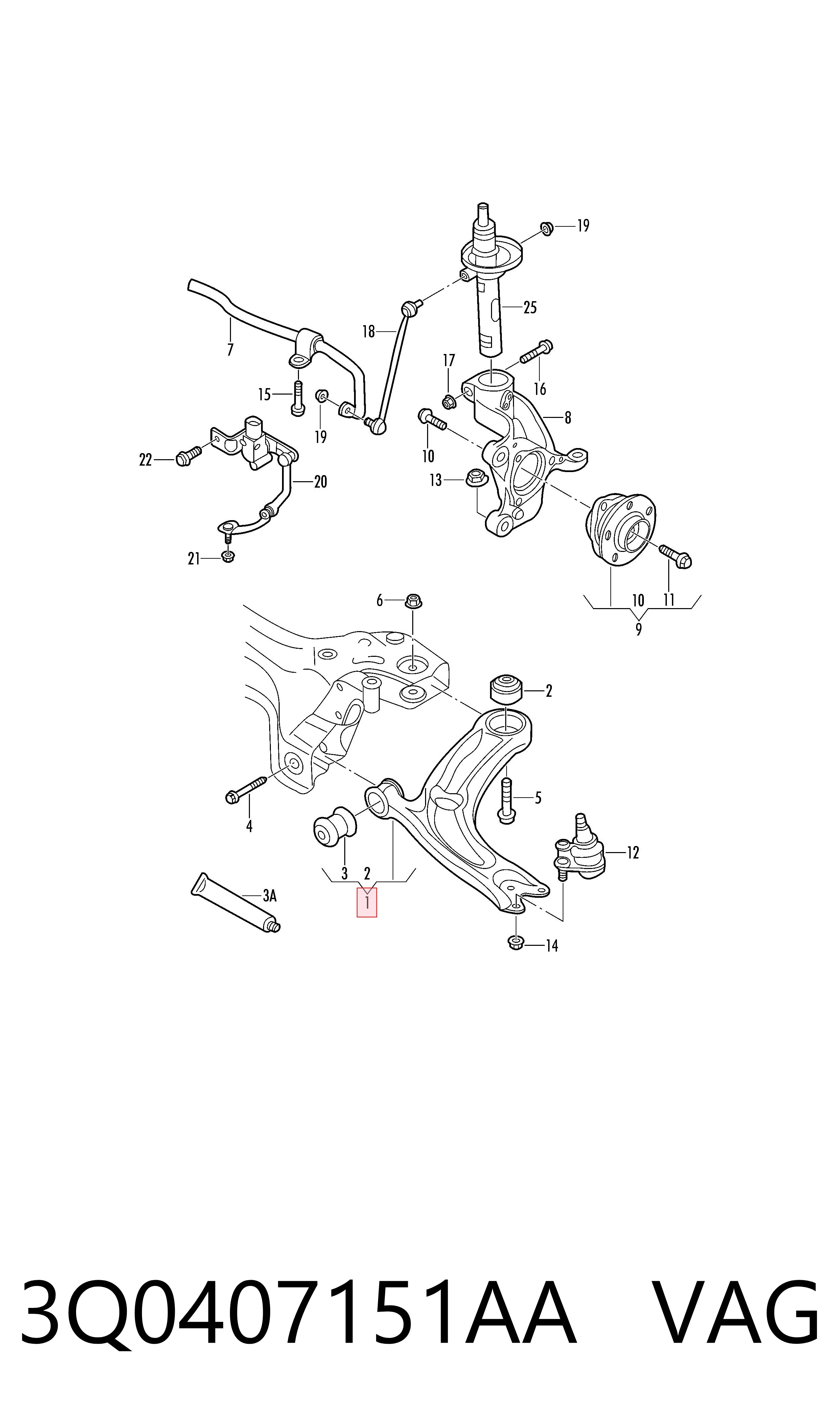 3Q0407151AA VAG Brazo inferior izquierdo de la suspensión delantera