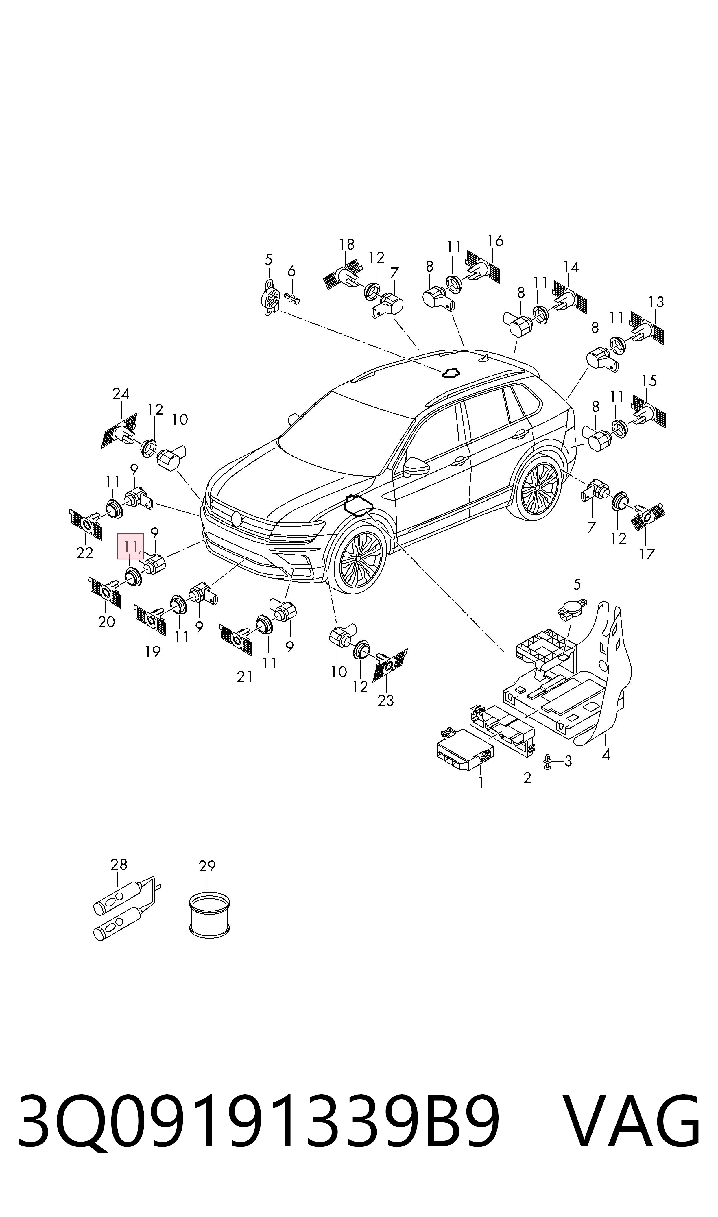 Soporte del sensor de estacionamiento delantero lateral 3Q09191339B9 VAG