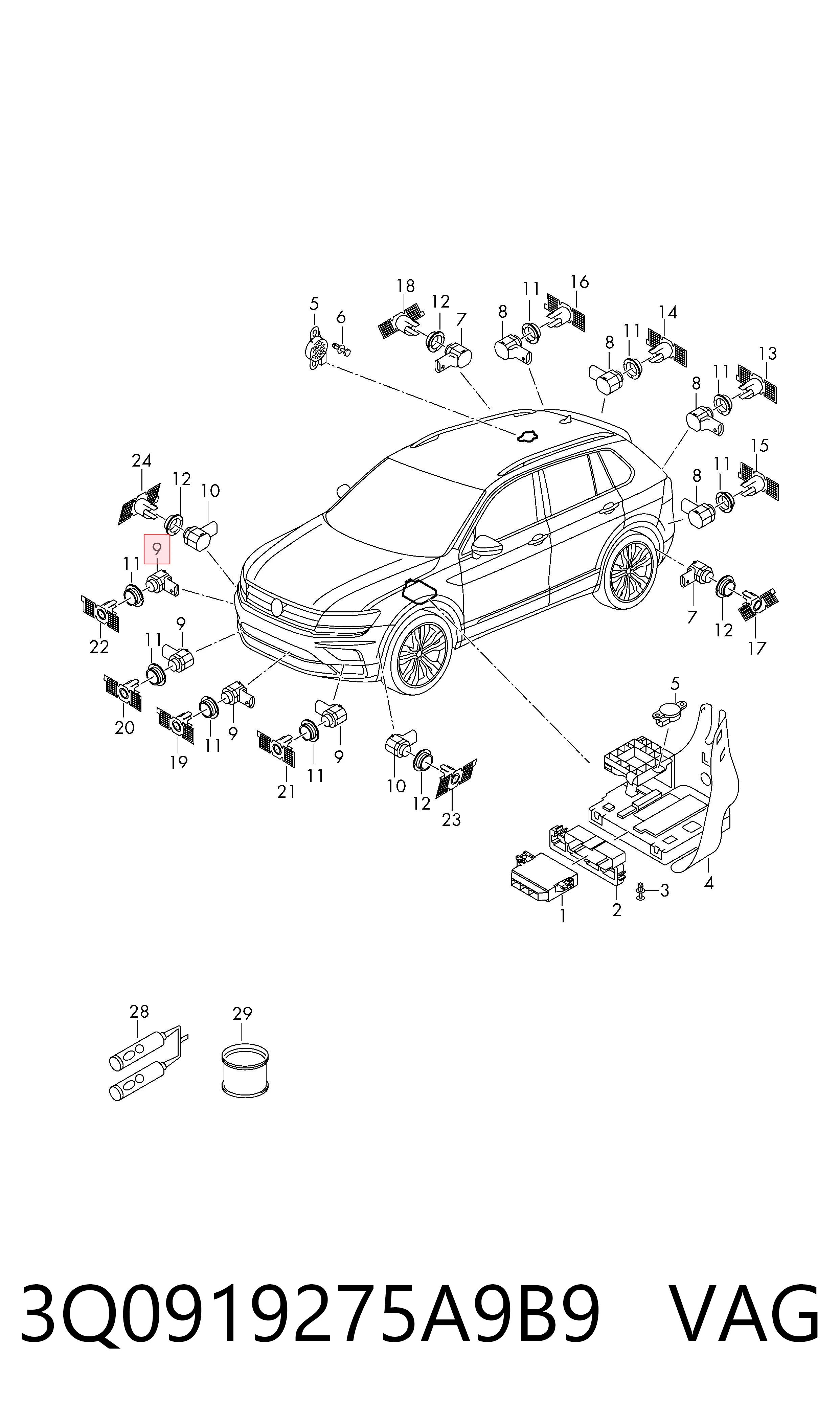 Sensor de estacionamiento delantero 3Q0919275A9B9 VAG