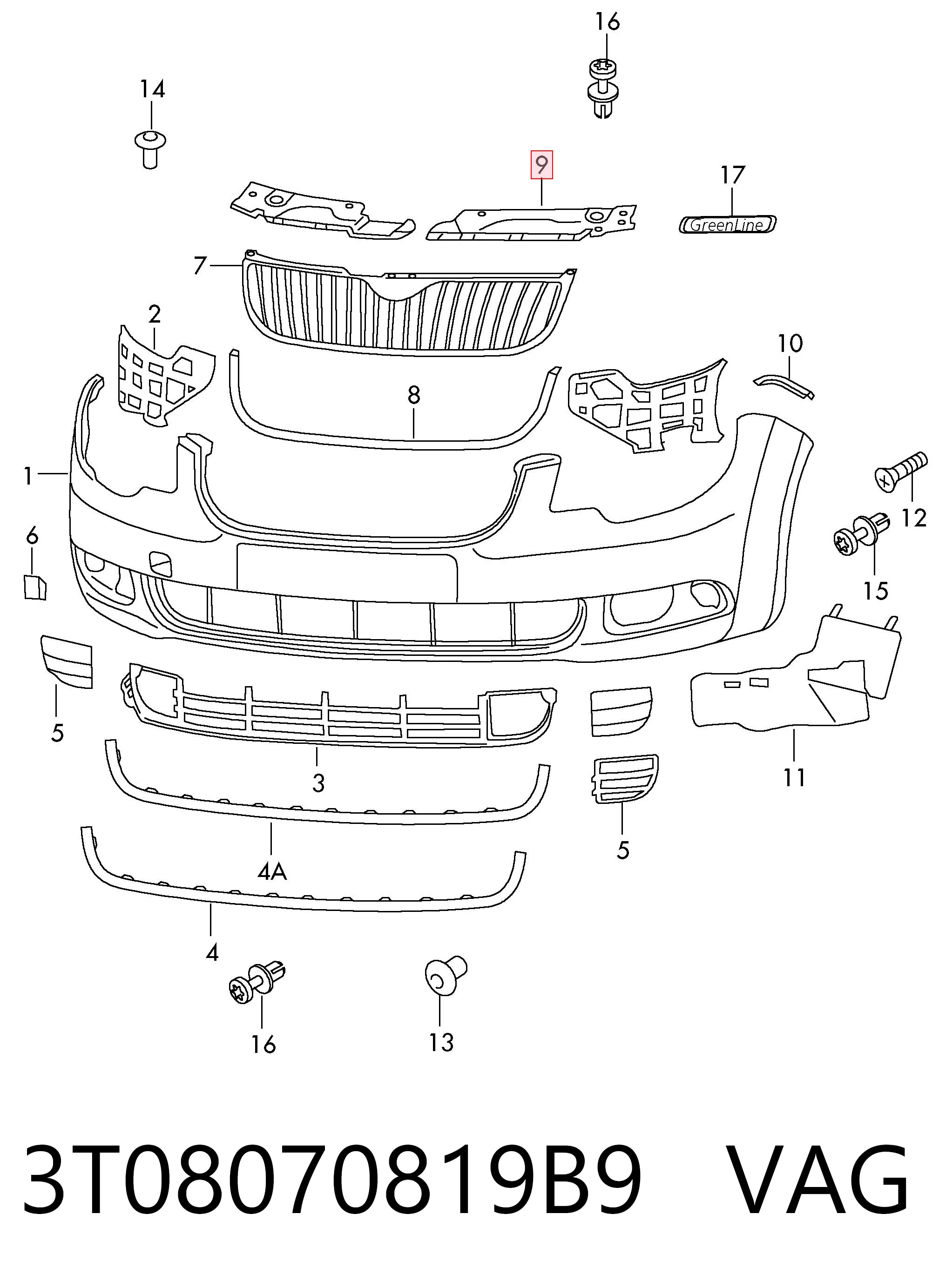 3T08070819B9 VAG Cubierta superior del panel frontal (soporte del radiador)