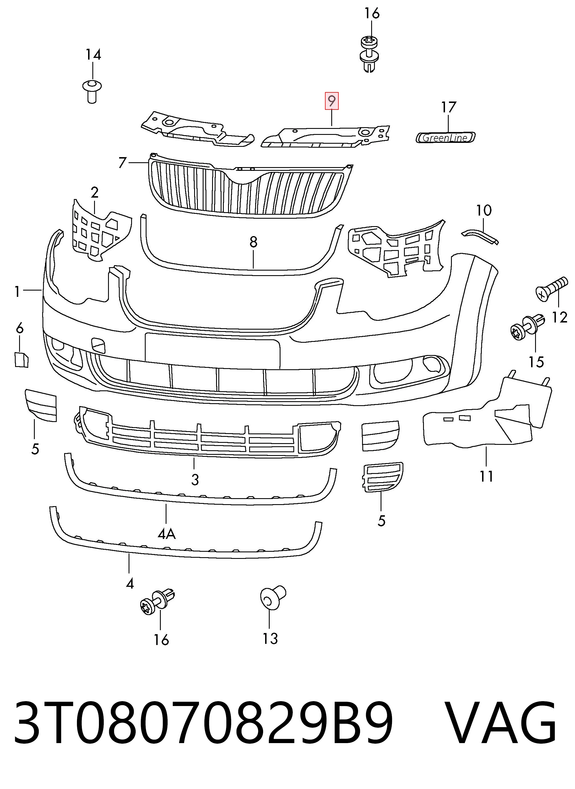 3T08070829B9 VAG Cubierta superior del panel frontal (soporte del radiador)