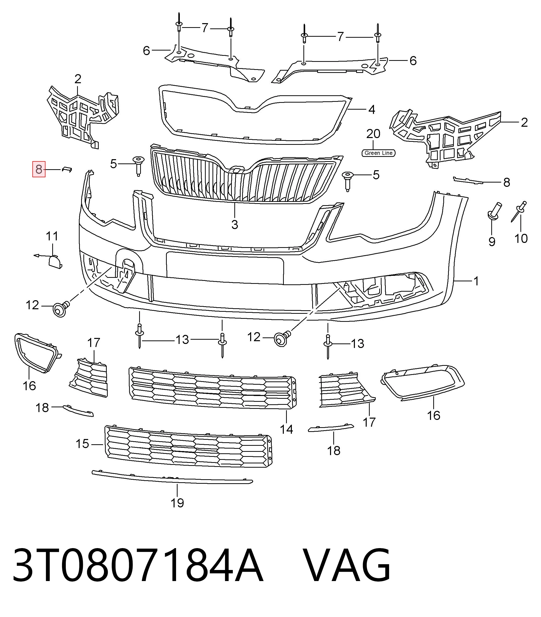 3T0807184A VAG Guía derecha del parachoques delantero