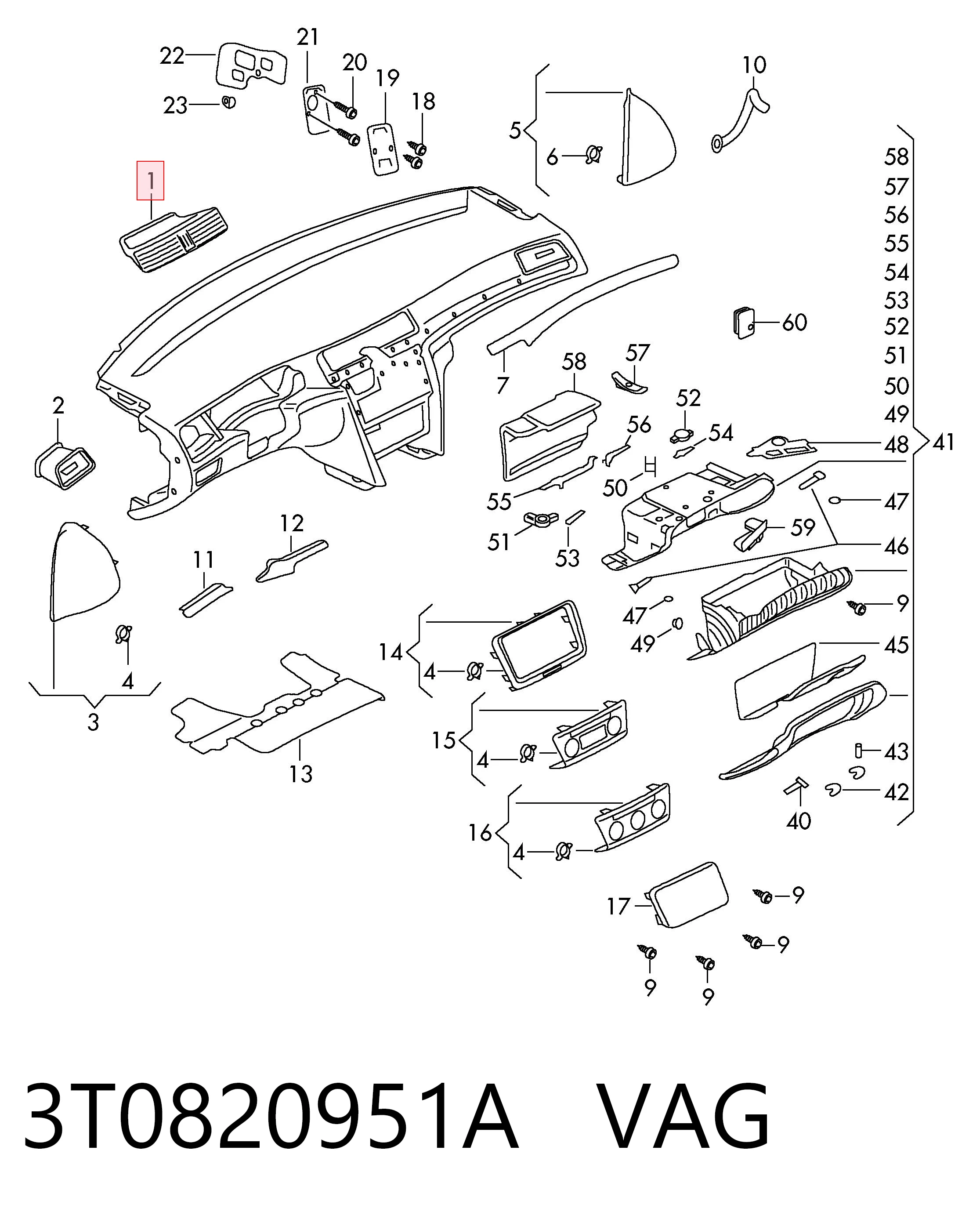 Rejilla de ventilación de salpicadero 3T0820951A VAG