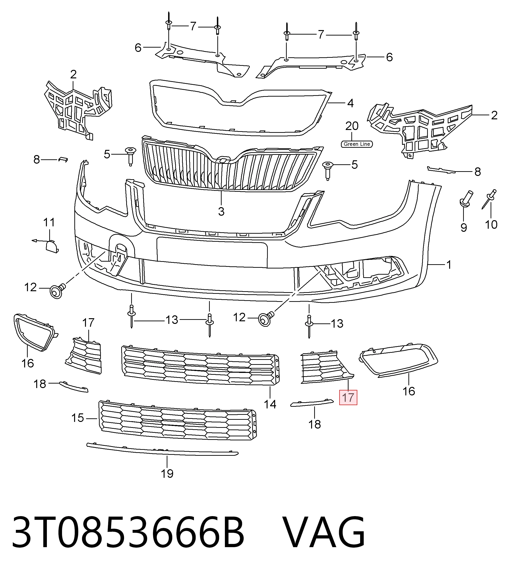 3T0853666B VAG Rejilla derecha del parachoques delantero