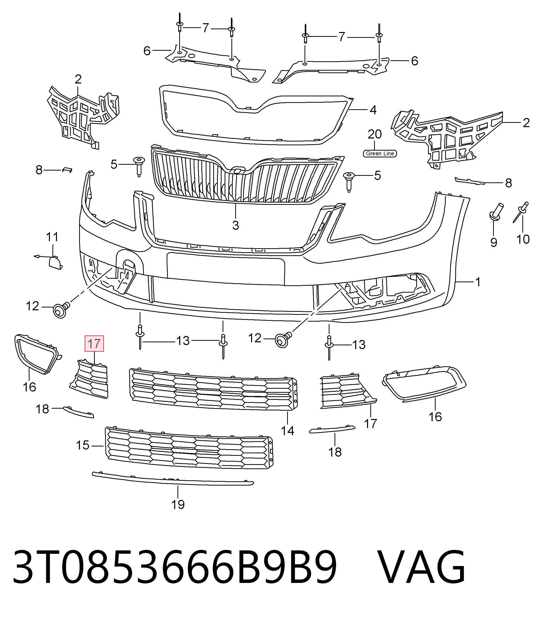 3T0853666B9B9 VAG Rejilla derecha del parachoques delantero