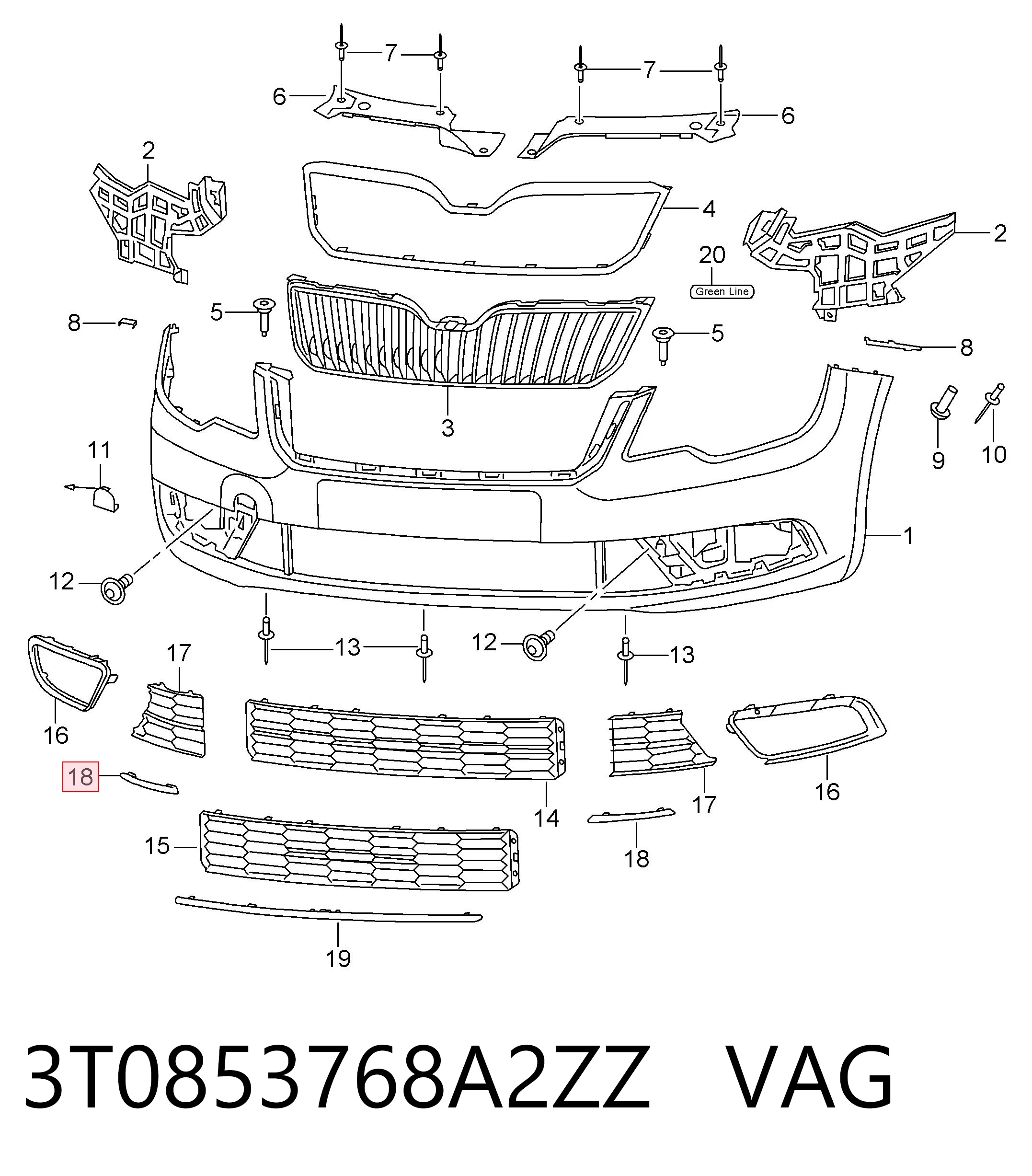3T0853768A2ZZ VAG Moldura de rejilla de parachoques delantero derecho