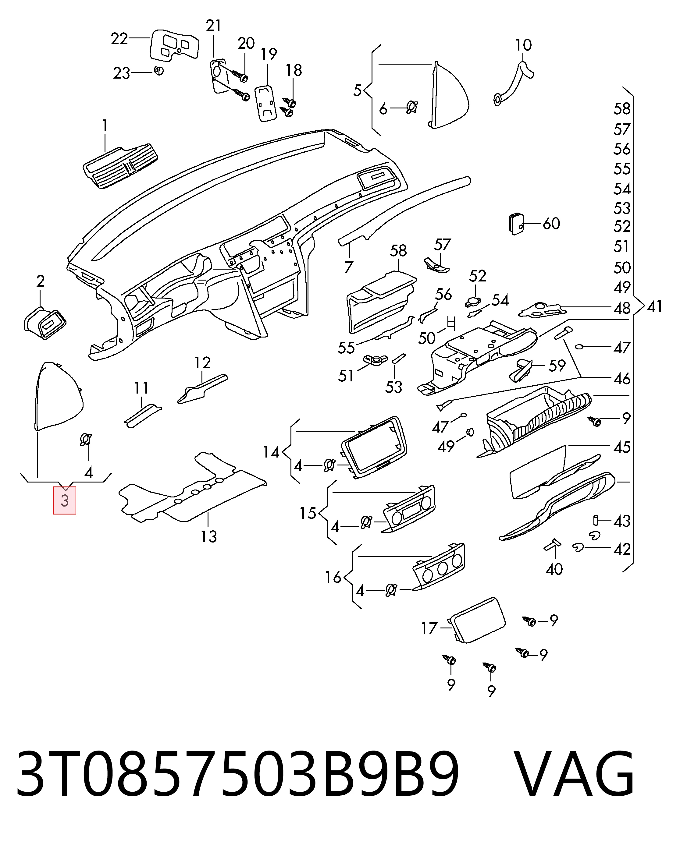 3T0857503B9B9 VAG Tapa lateral del panel de instrumentos, izquierda