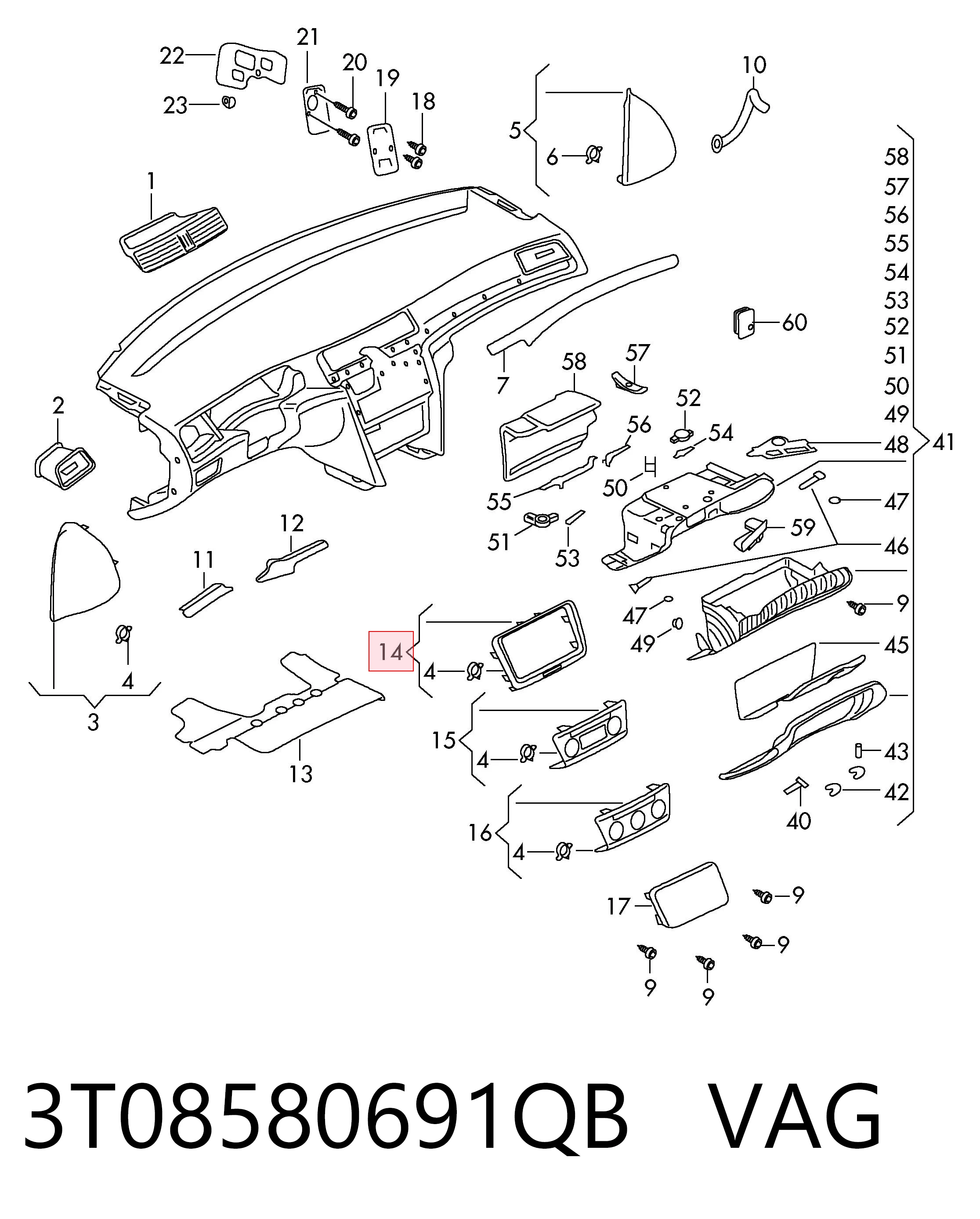 3T08580691QB VAG Panel de revestimiento del salpicadero