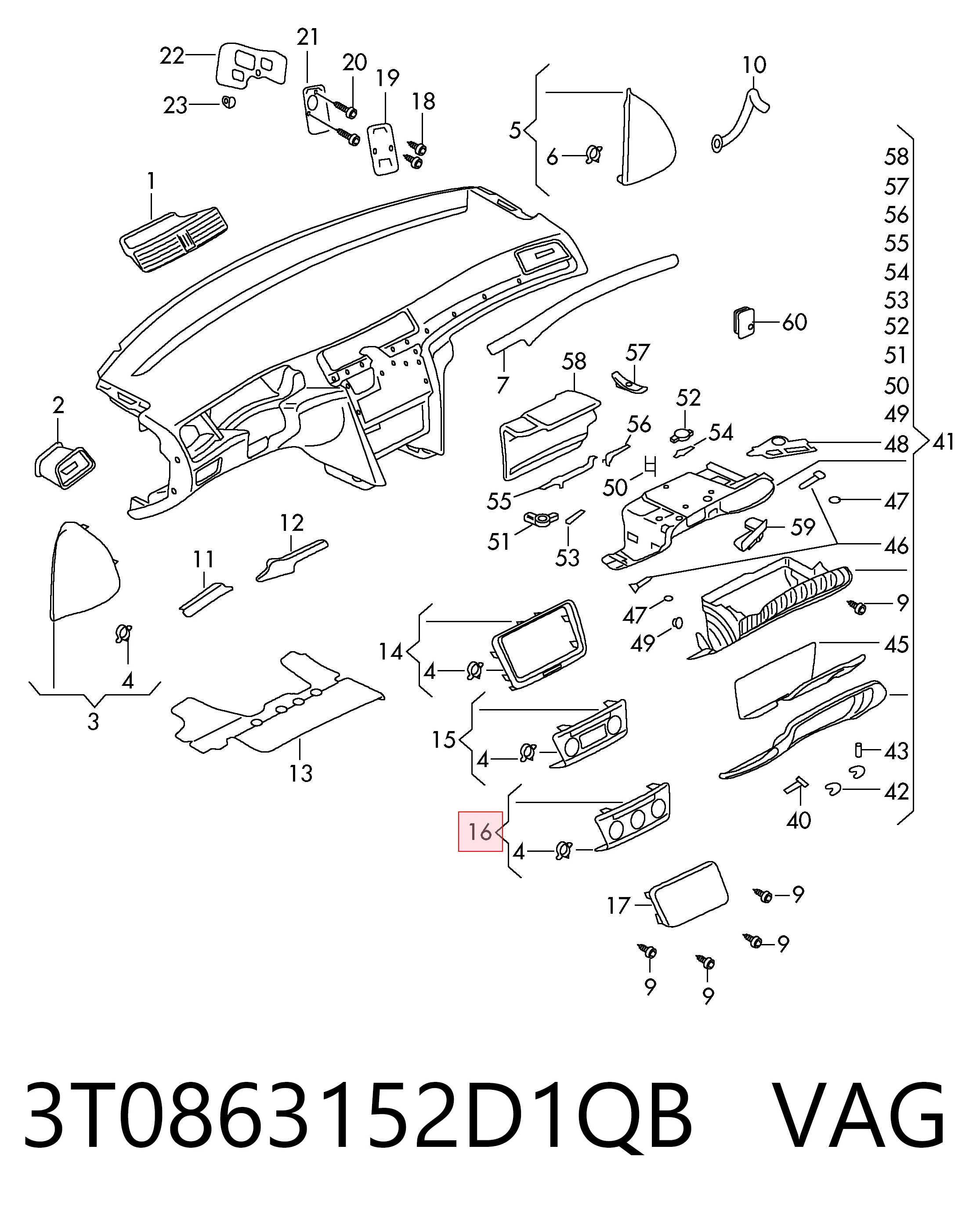 3T0863152D1QB VAG Panel de revestimiento del salpicadero