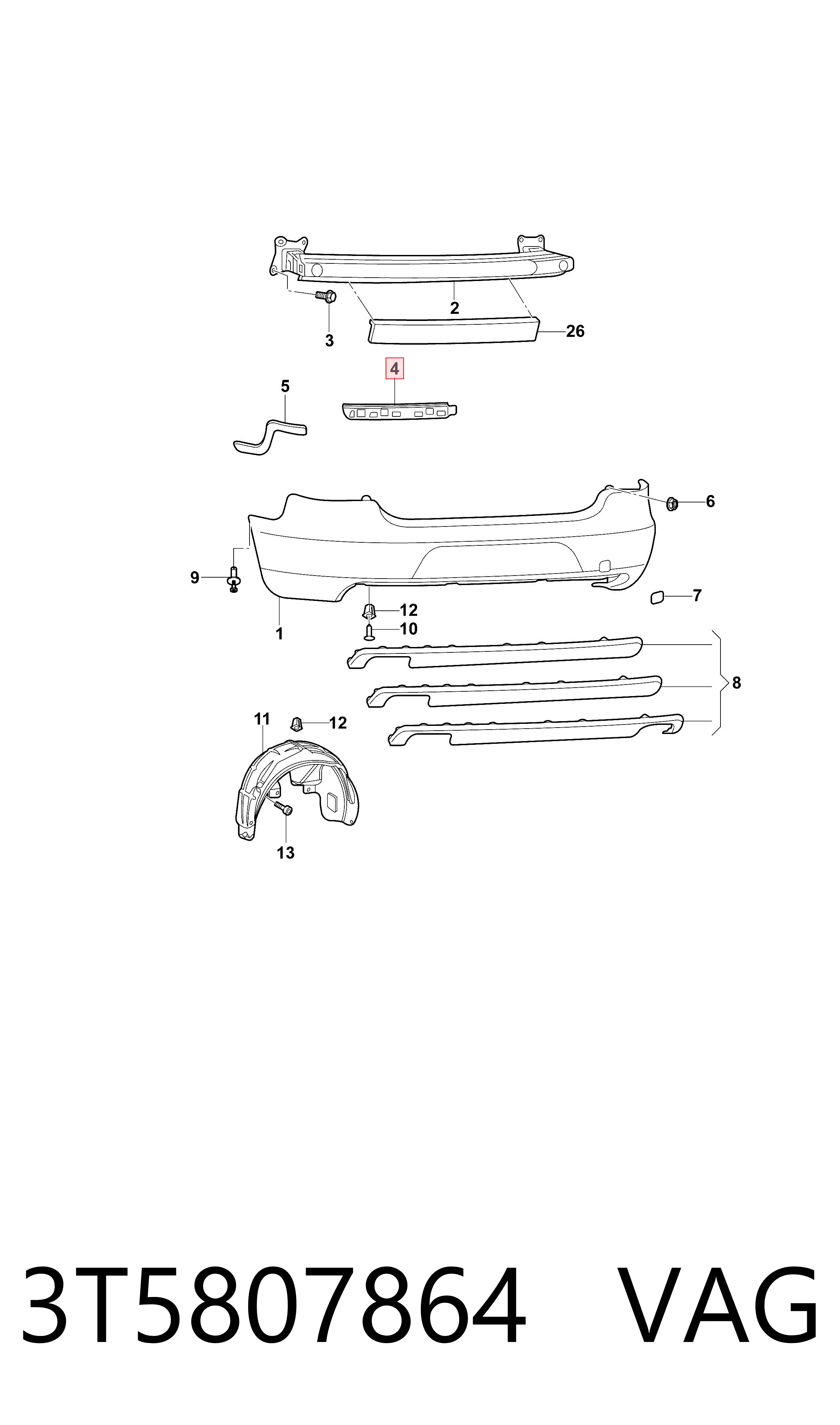 3T5807864 VAG Soporte del paragolpes trasero derecho