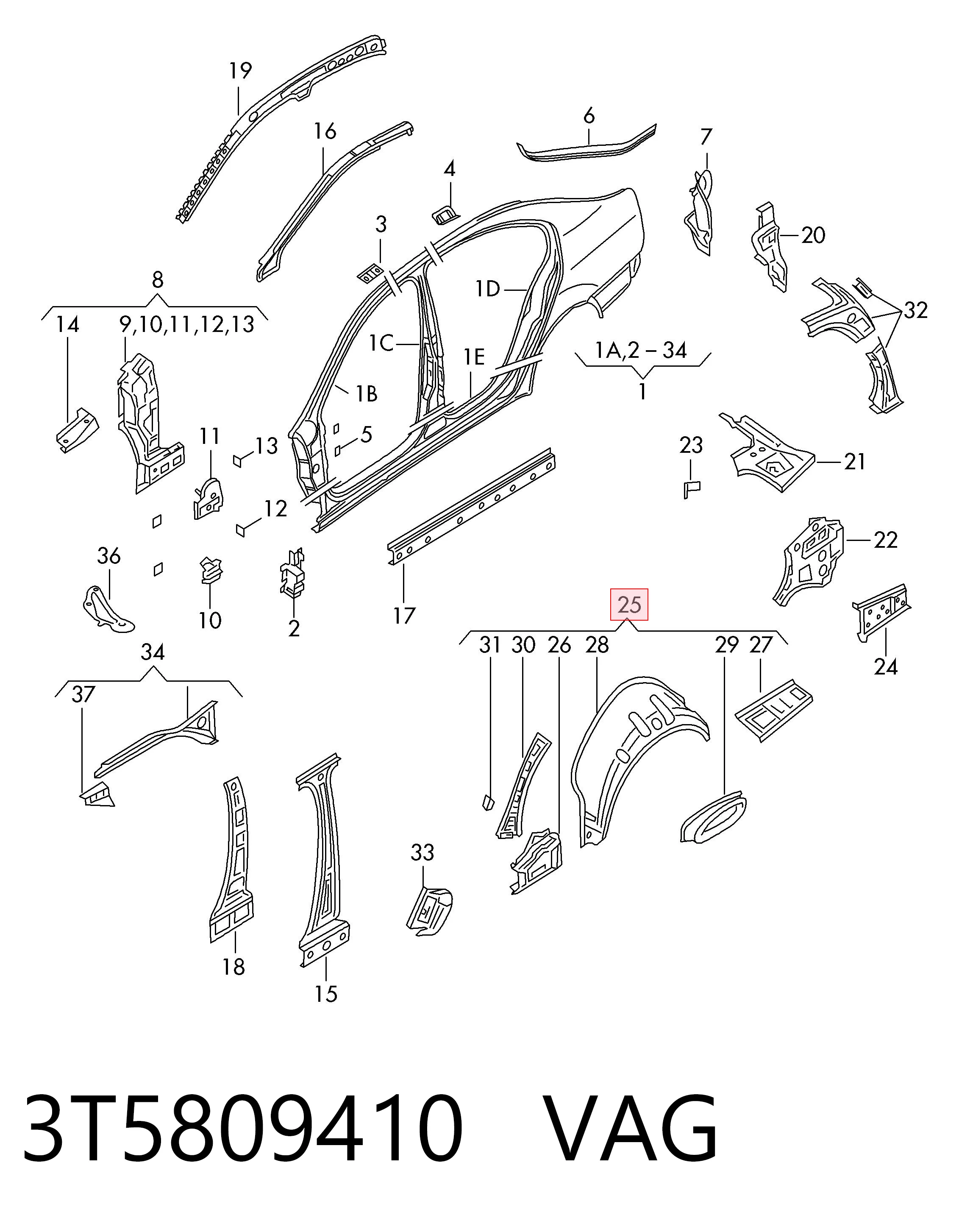 3T5809410 VAG Arco de guardabarros trasero derecho