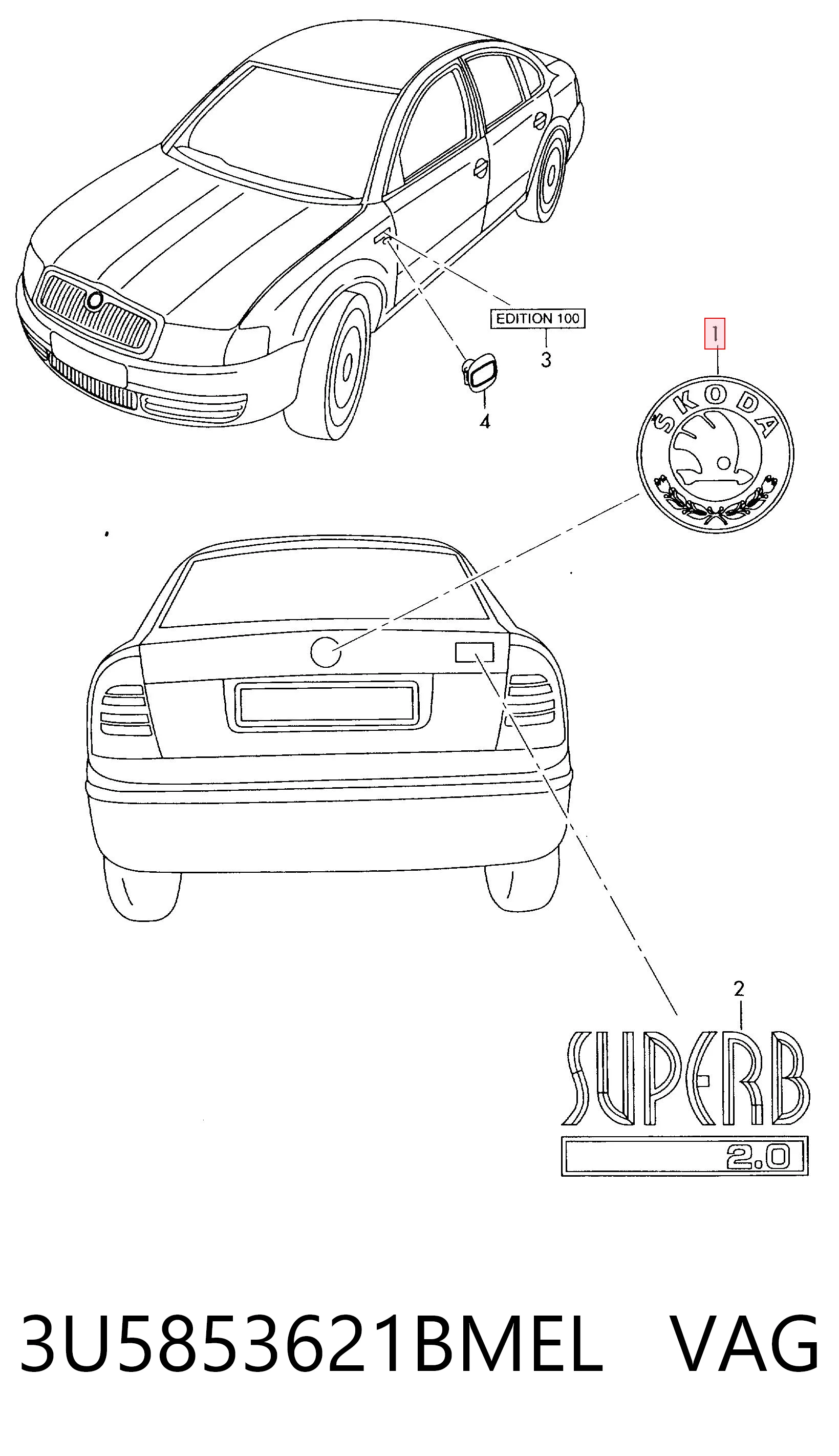 3U5853621BMEL VAG Logotipo de tapa de maletero