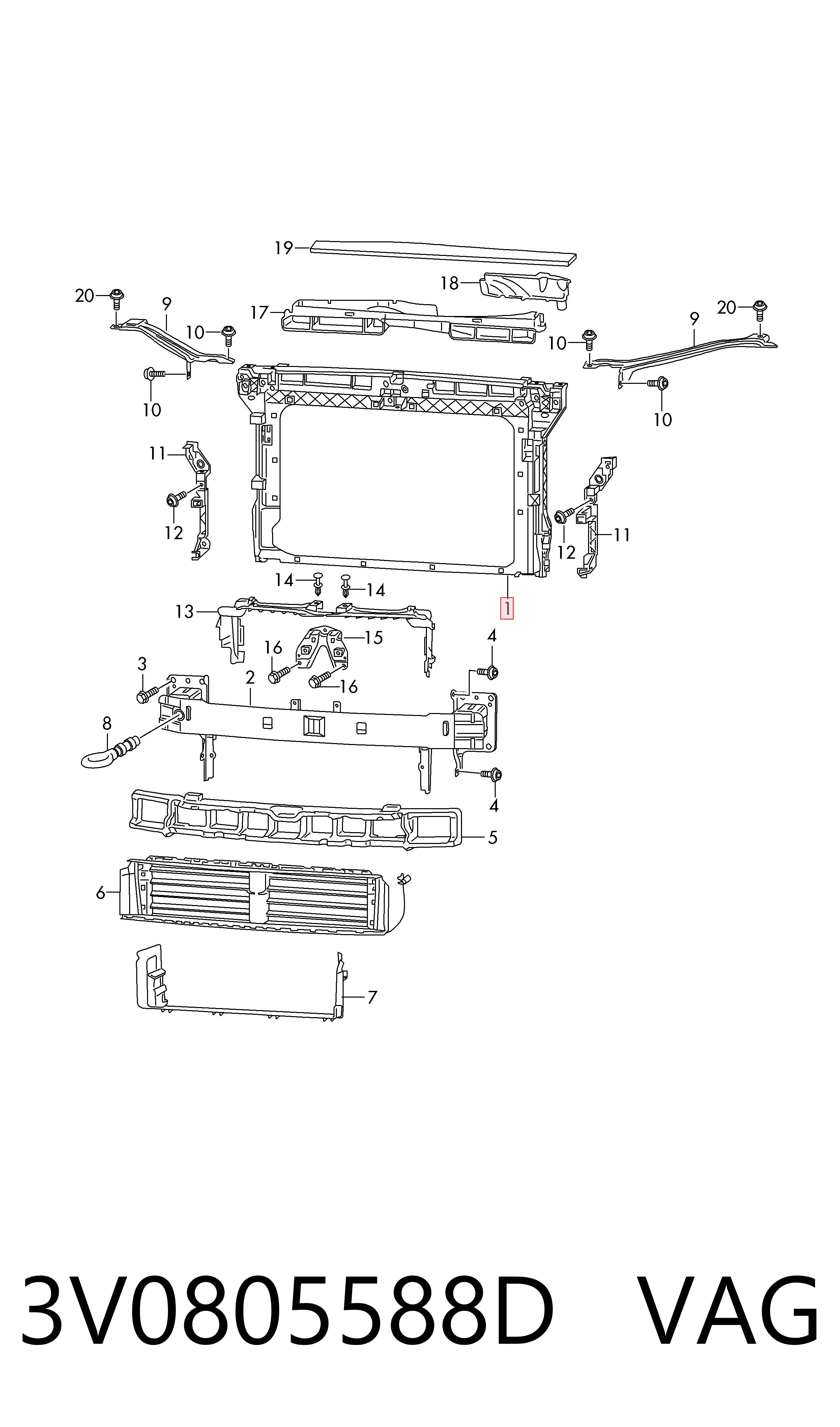 3V0805588D VAG Soporte de radiador completo (panel de montaje para foco)