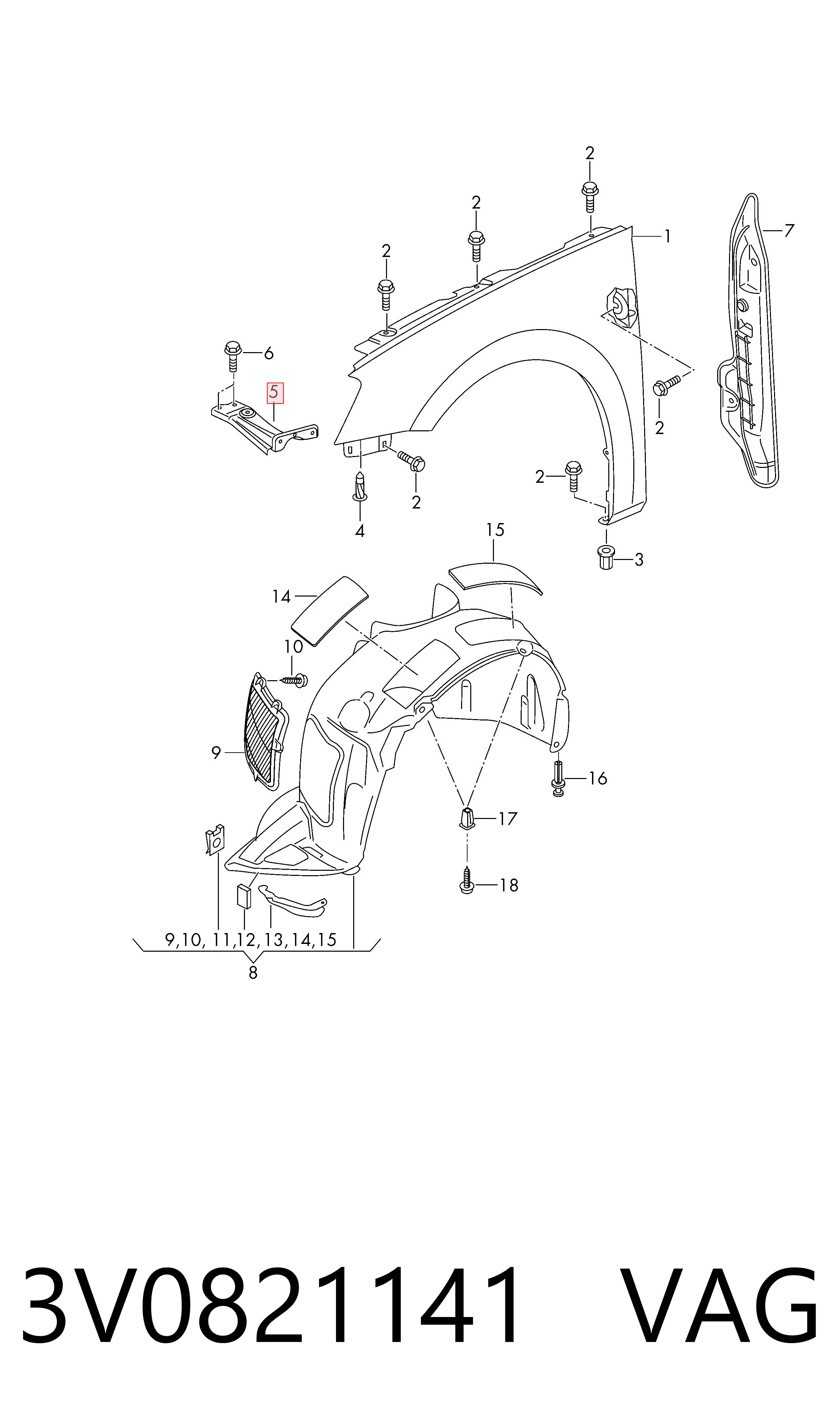 3V0821141 VAG Soporte delantero izquierdo para aleta delantera
