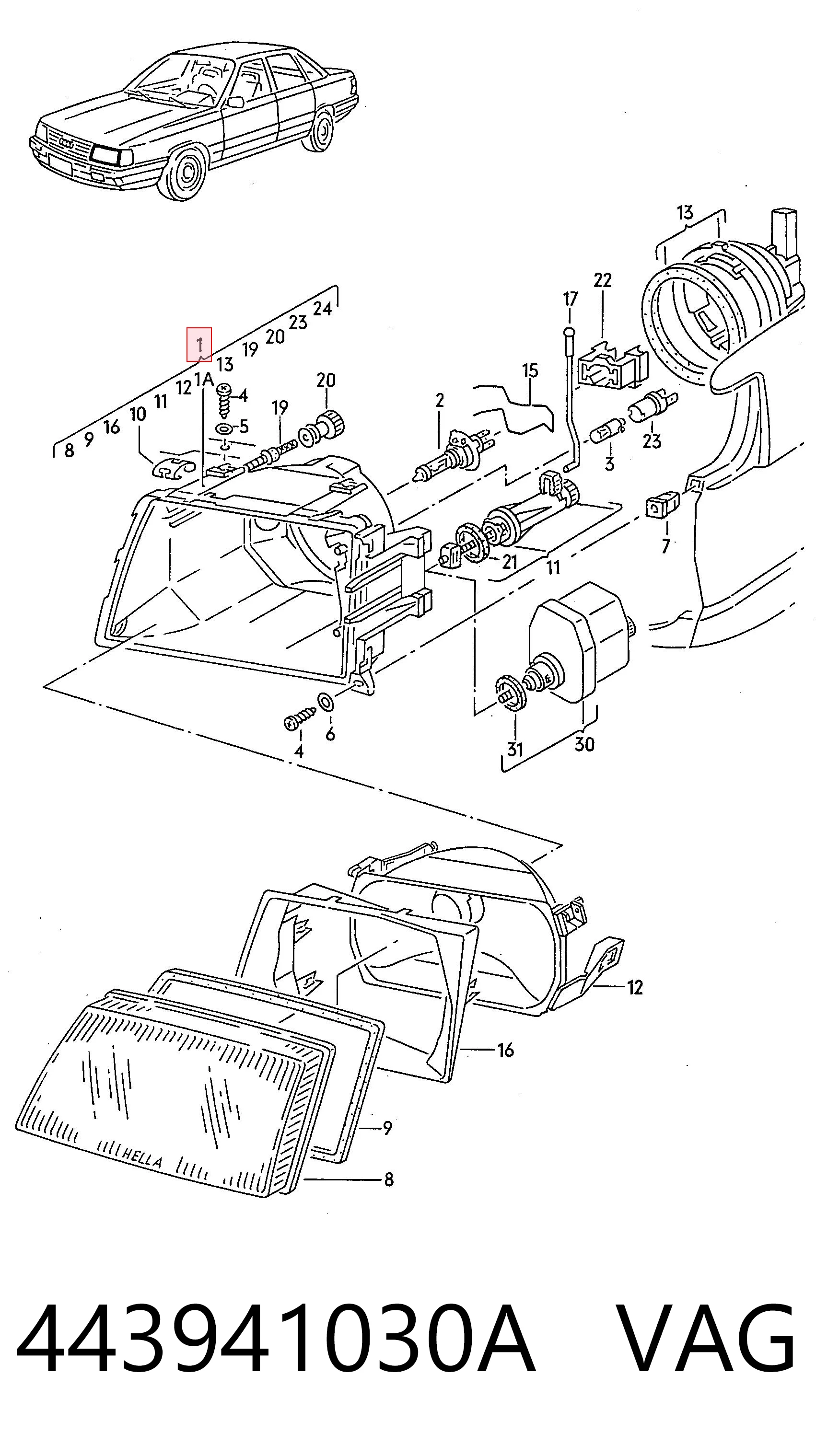 Faro derecho para Audi 100 44, 44Q