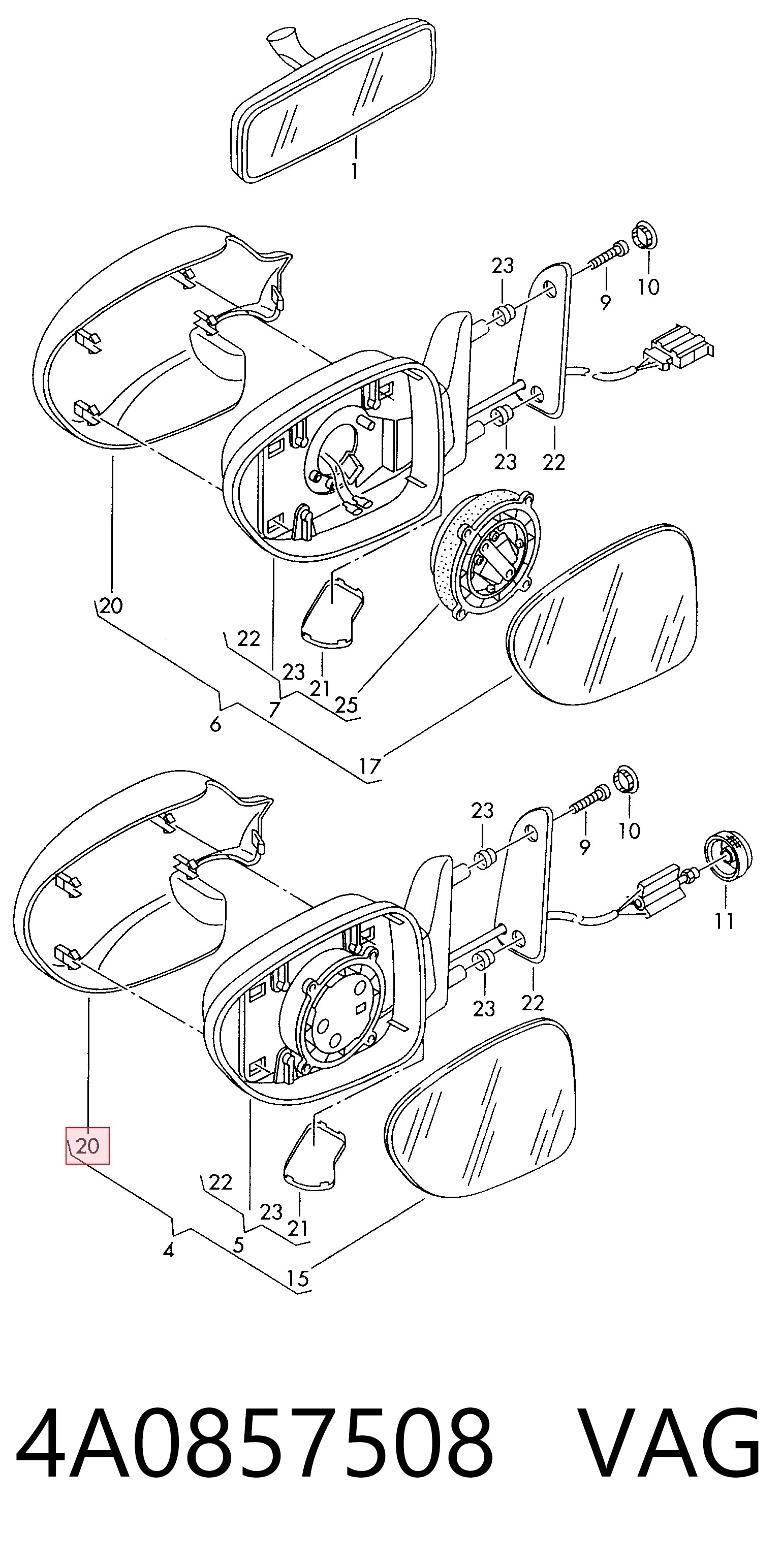 4A0857508 VAG Cristal de espejo retrovisor derecho