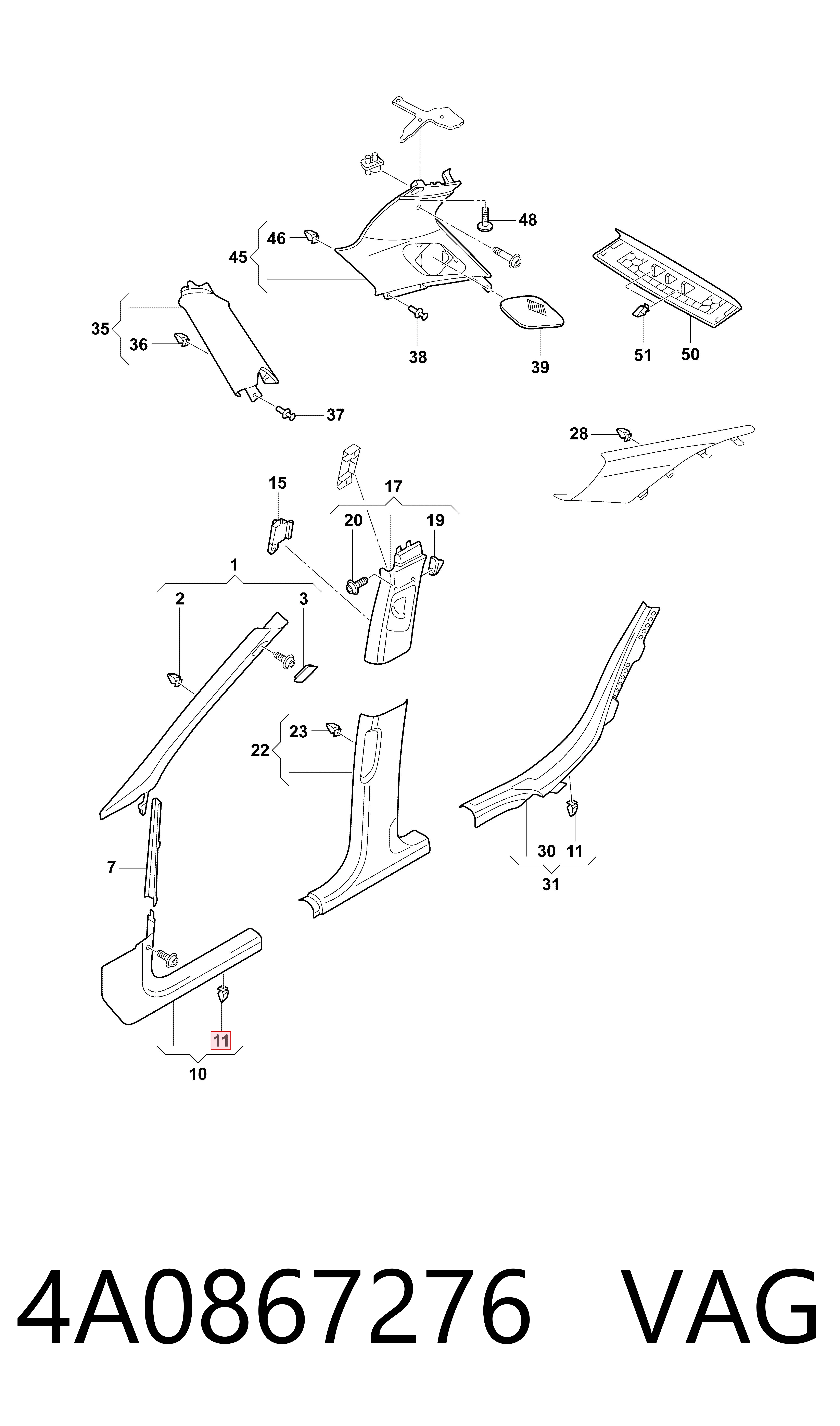4A0867276 VAG Clip de tapicería de la tapa del maletero