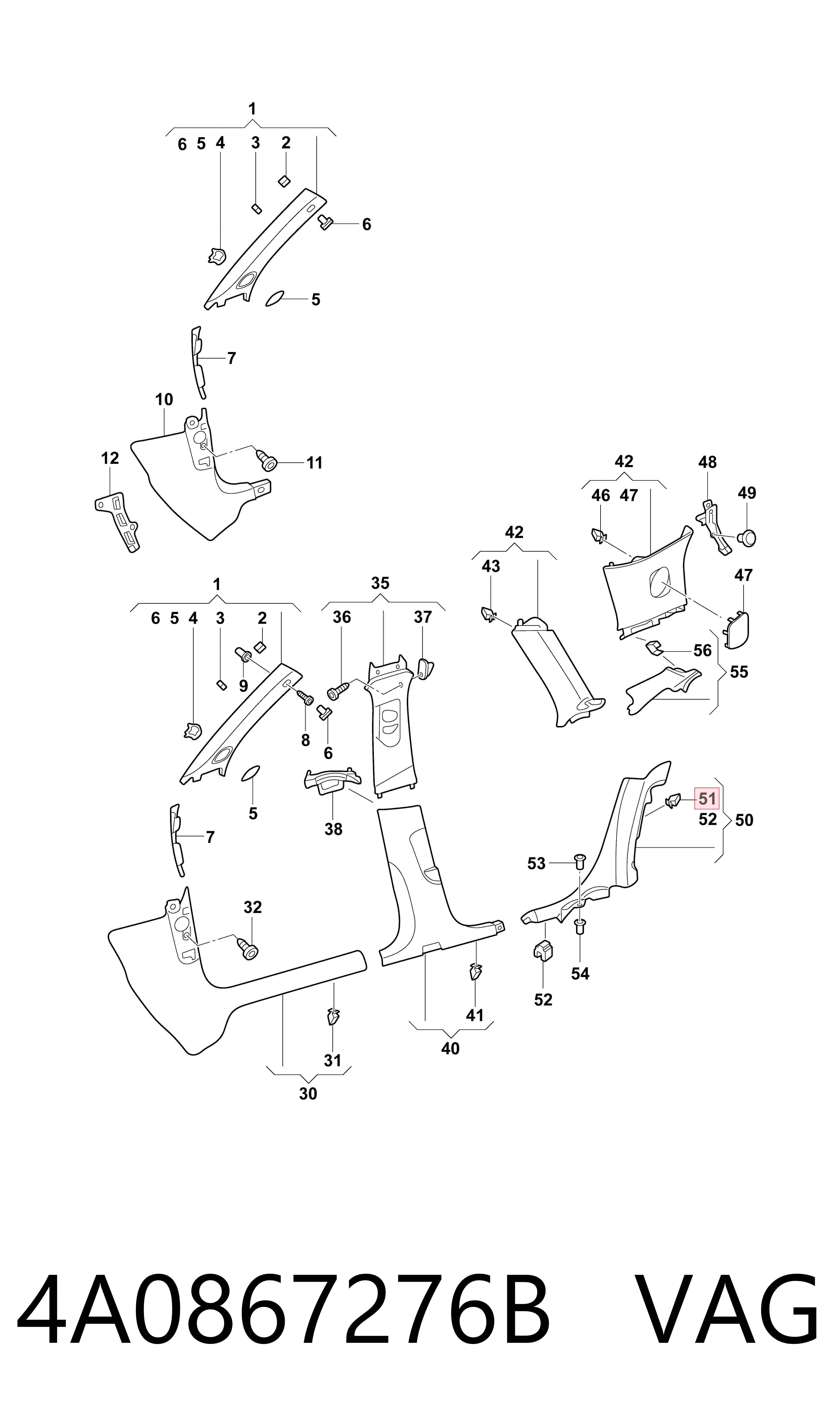 4A0867276B VAG Clip de tapicería de la tapa del maletero